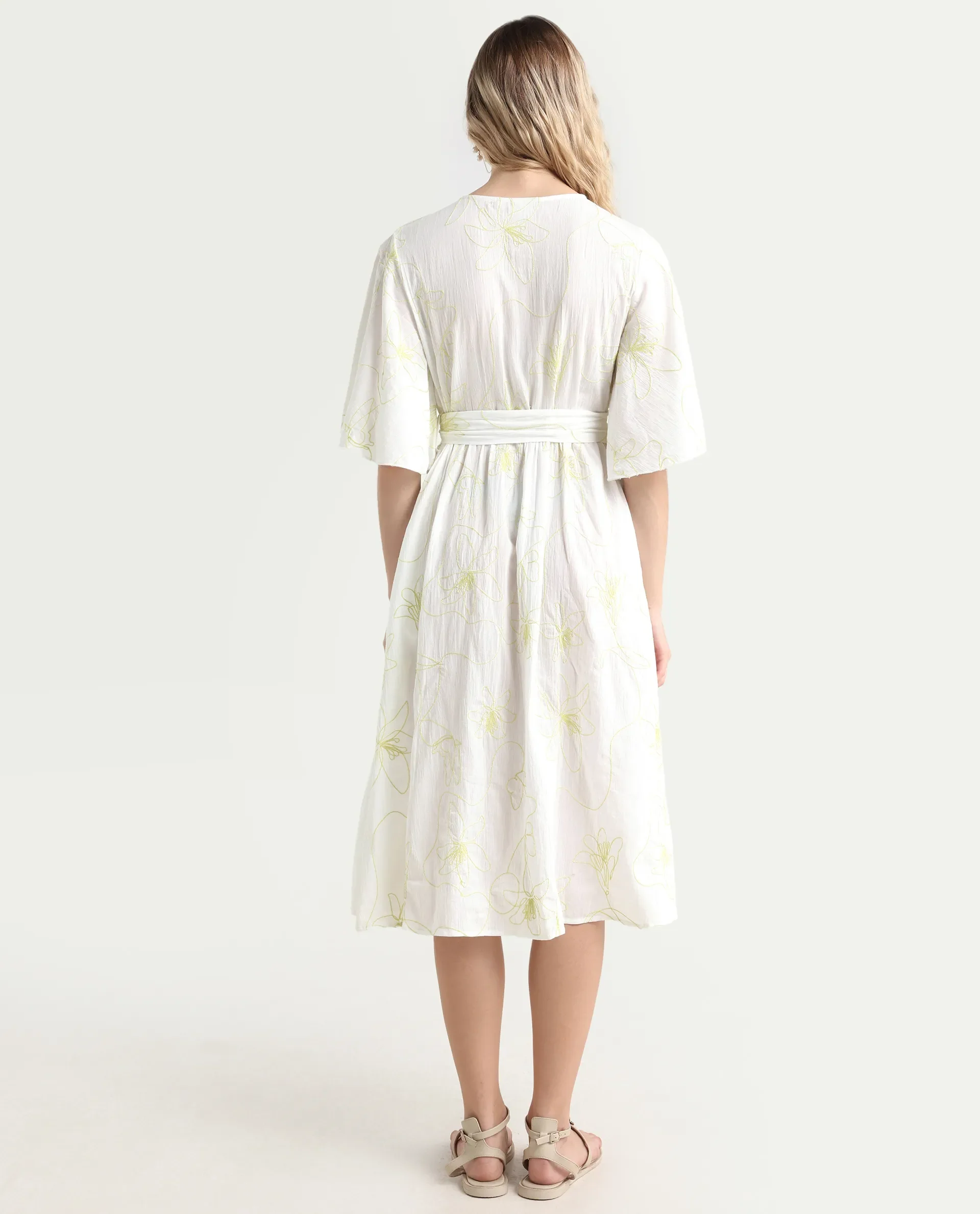 Rareism Women's Vera White Cotton Crew Neck Embroidered Bell Sleeve Maxi Fit And Flare Dress - Image 7
