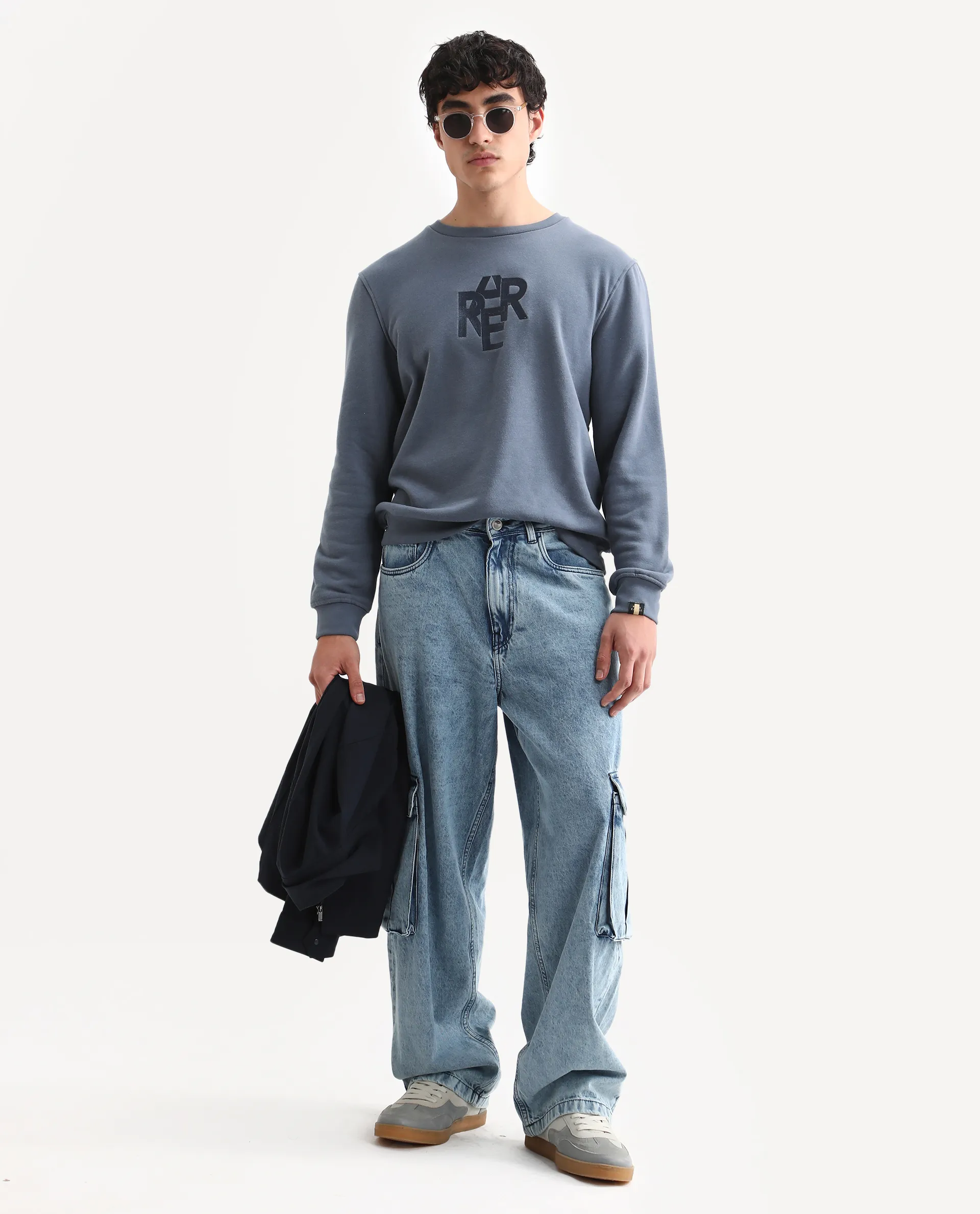 Rare Rabbit Men's Verano Blue Cotton Embroidered Regular Fit Full Sleeve Crew Neck Sweatshirt - Image 2