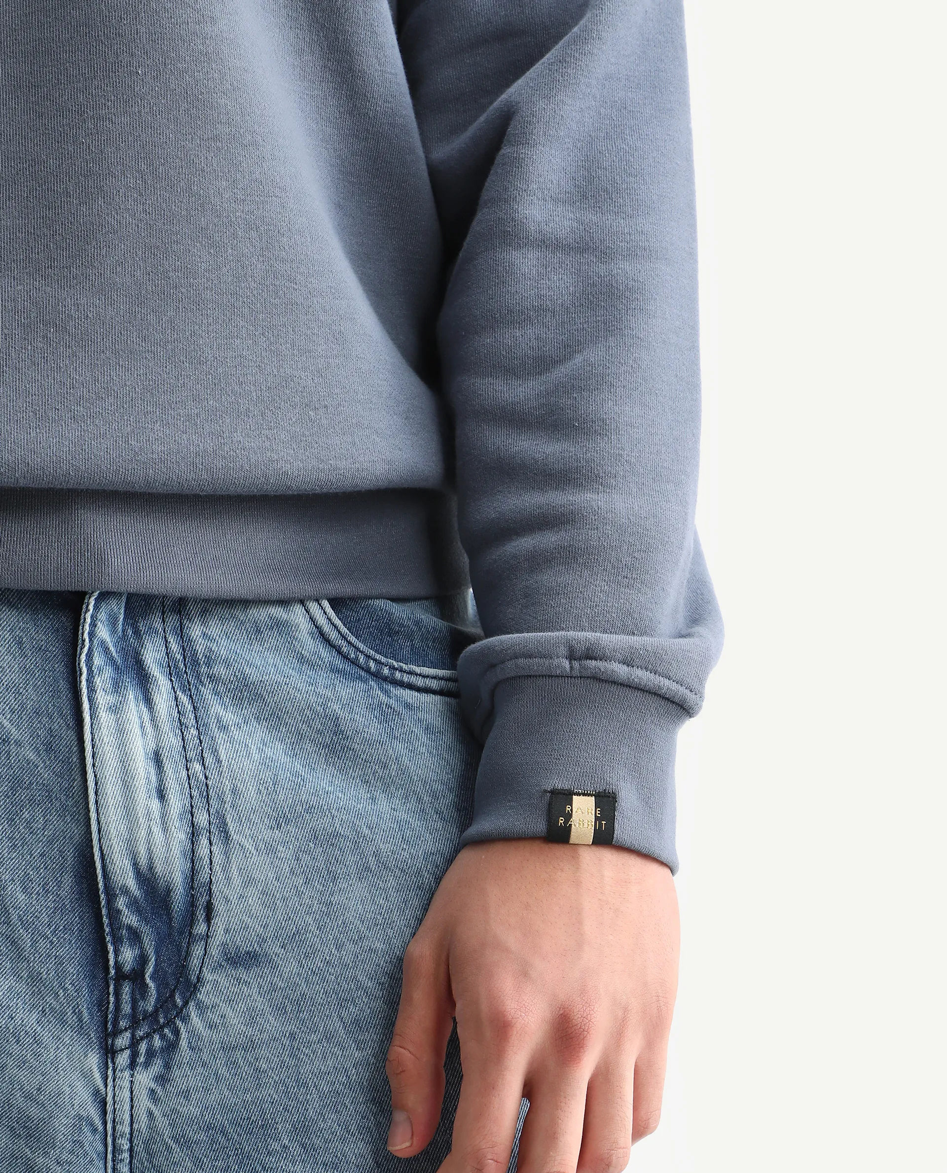 Rare Rabbit Men's Verano Blue Cotton Embroidered Regular Fit Full Sleeve Crew Neck Sweatshirt - Image 3