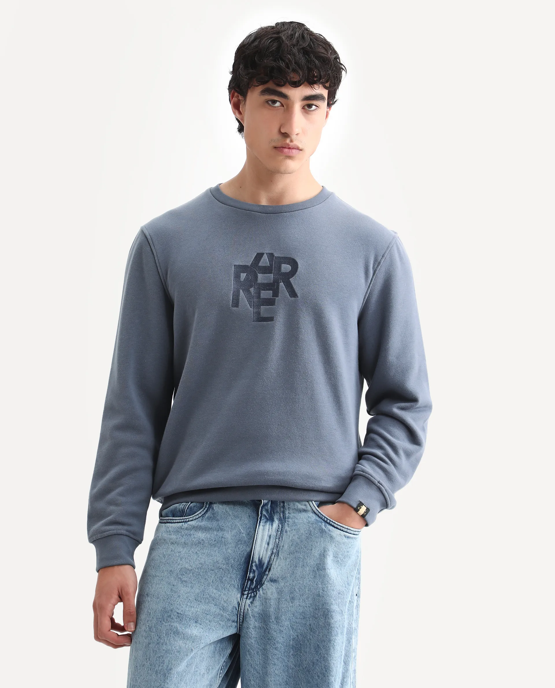 Rare Rabbit Men's Verano Blue Cotton Embroidered Regular Fit Full Sleeve Crew Neck Sweatshirt - Image 4