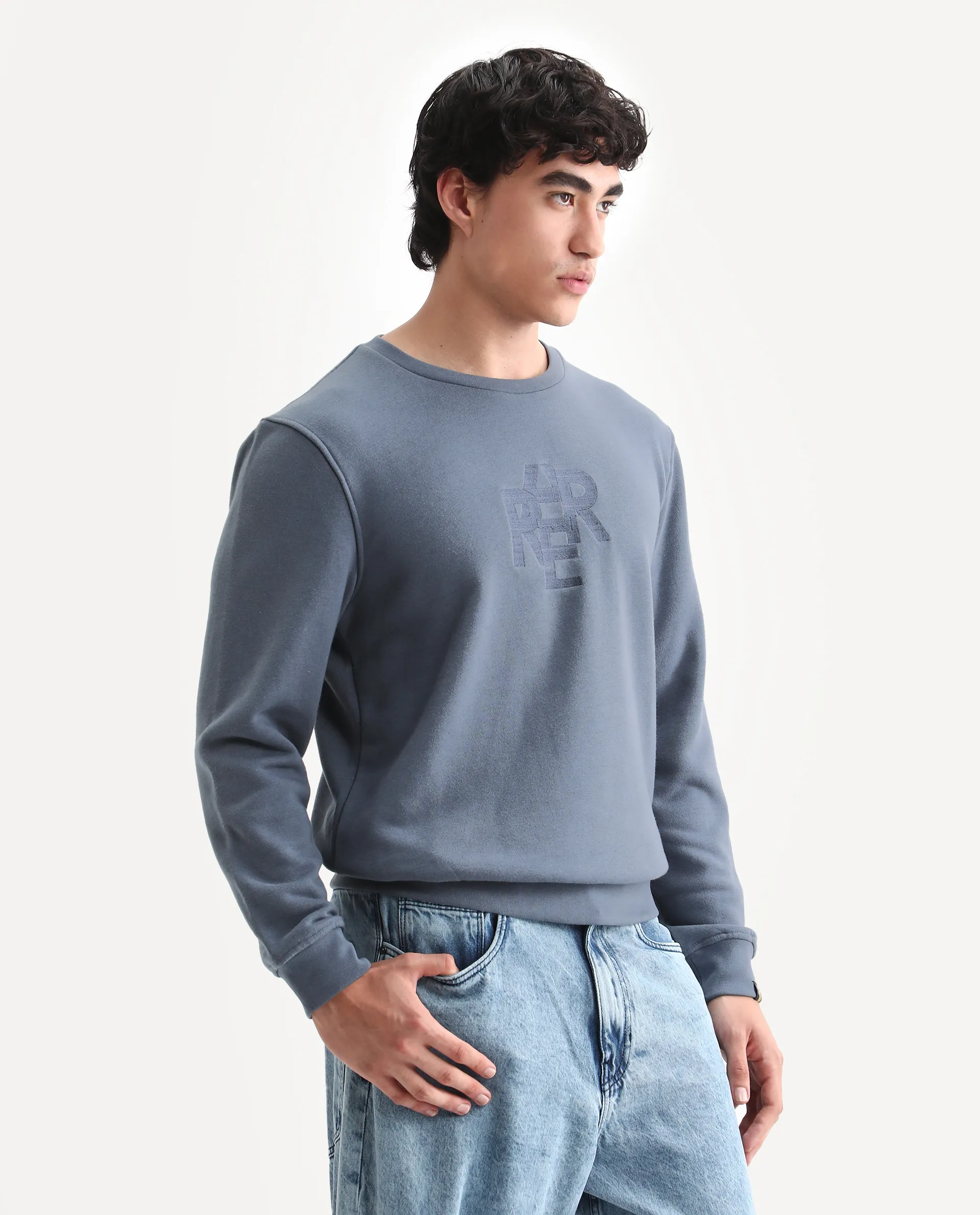 Rare Rabbit Men's Verano Blue Cotton Embroidered Regular Fit Full Sleeve Crew Neck Sweatshirt - Image 5