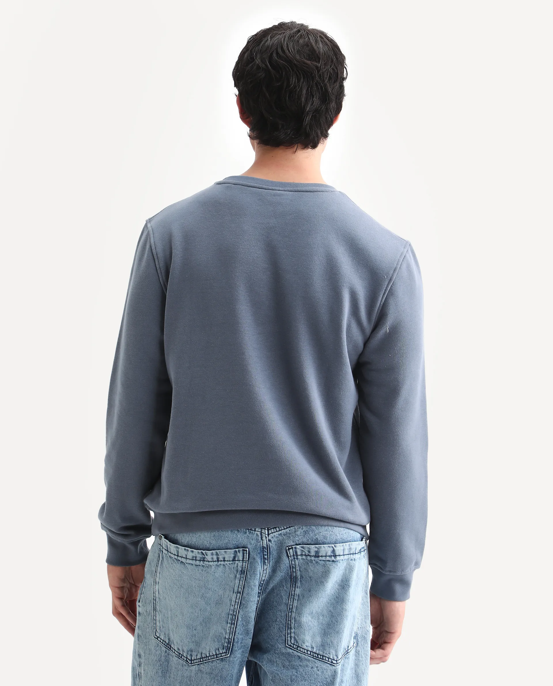 Rare Rabbit Men's Verano Blue Cotton Embroidered Regular Fit Full Sleeve Crew Neck Sweatshirt - Image 6