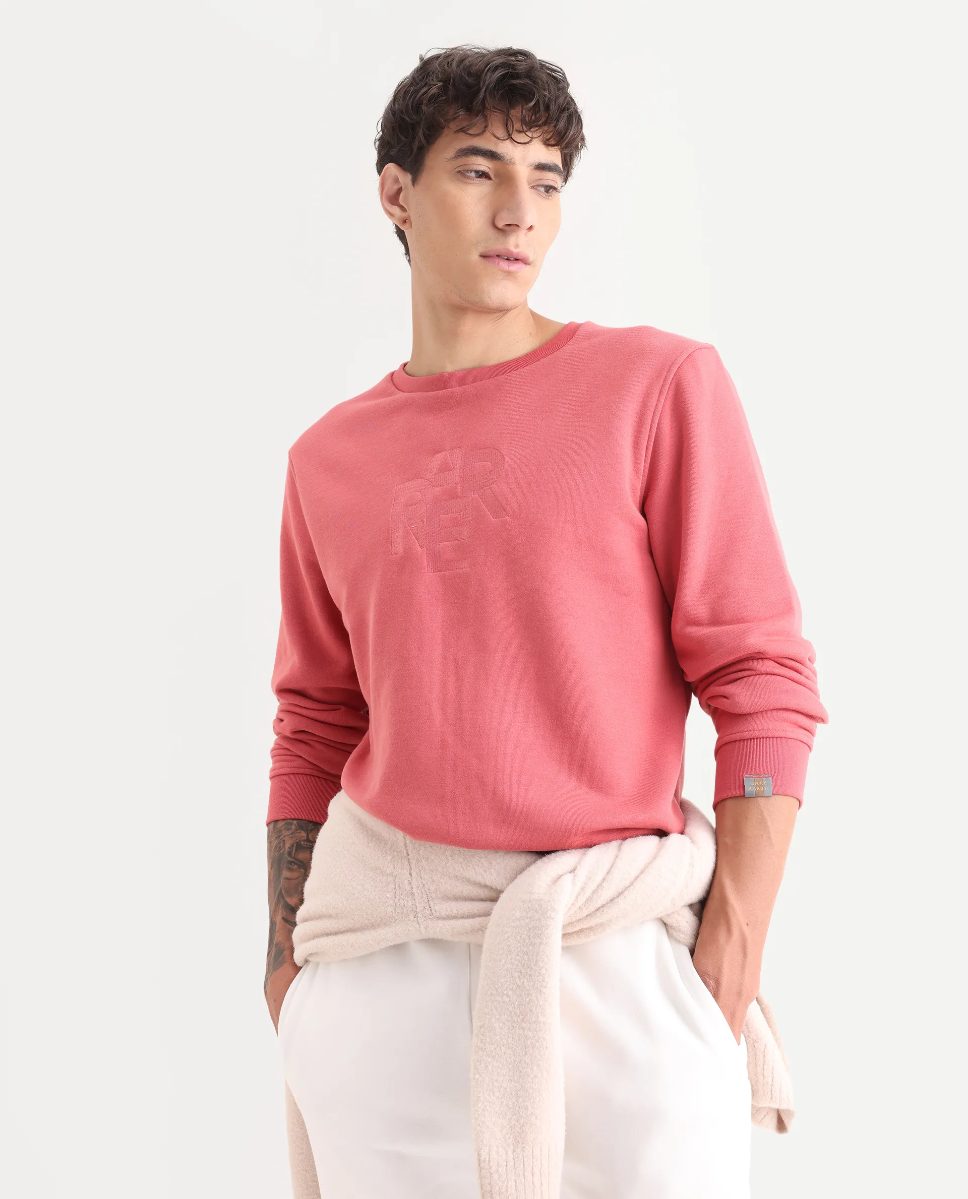 Rare Rabbit Men's Verano Dusky Pink Cotton Embroidered Regular Fit Full Sleeve Crew Neck Sweatshirt