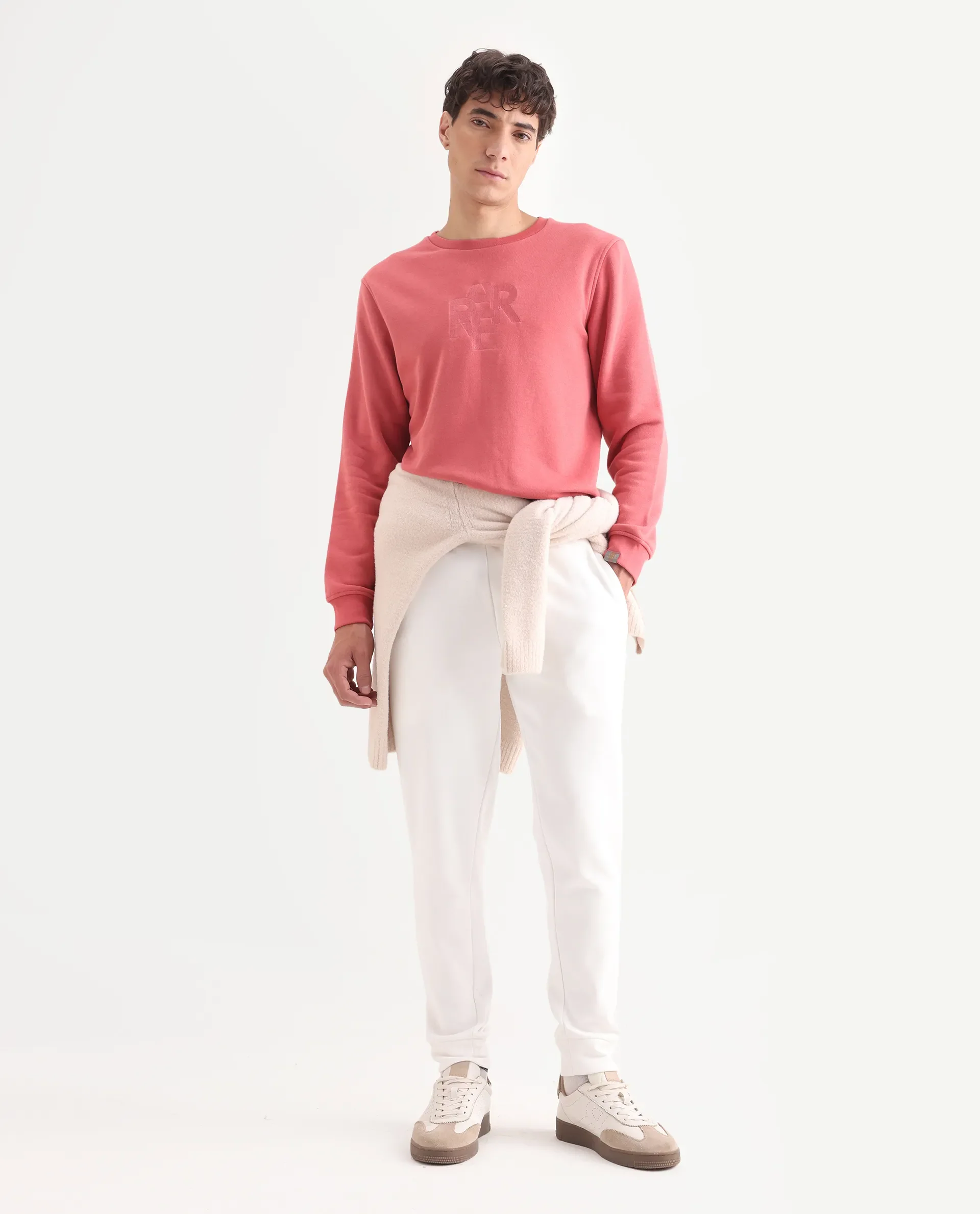 Rare Rabbit Men's Verano Dusky Pink Cotton Embroidered Regular Fit Full Sleeve Crew Neck Sweatshirt - Image 2