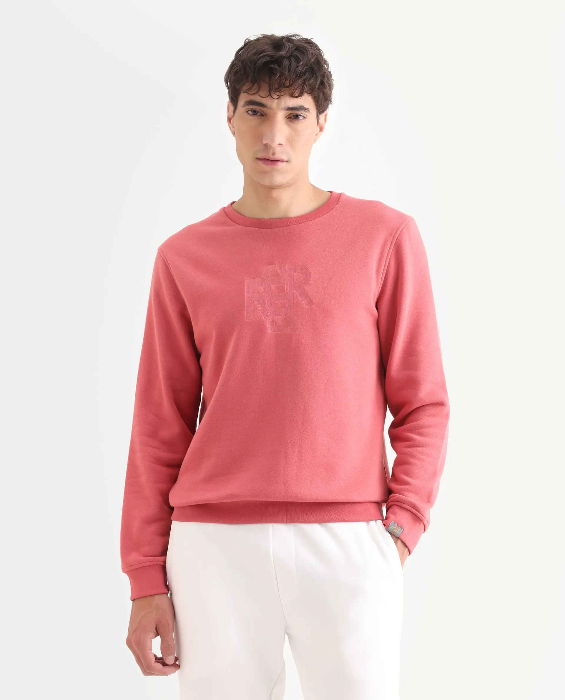 Rare Rabbit Men's Verano Dusky Pink Cotton Embroidered Regular Fit Full Sleeve Crew Neck Sweatshirt - Image 3