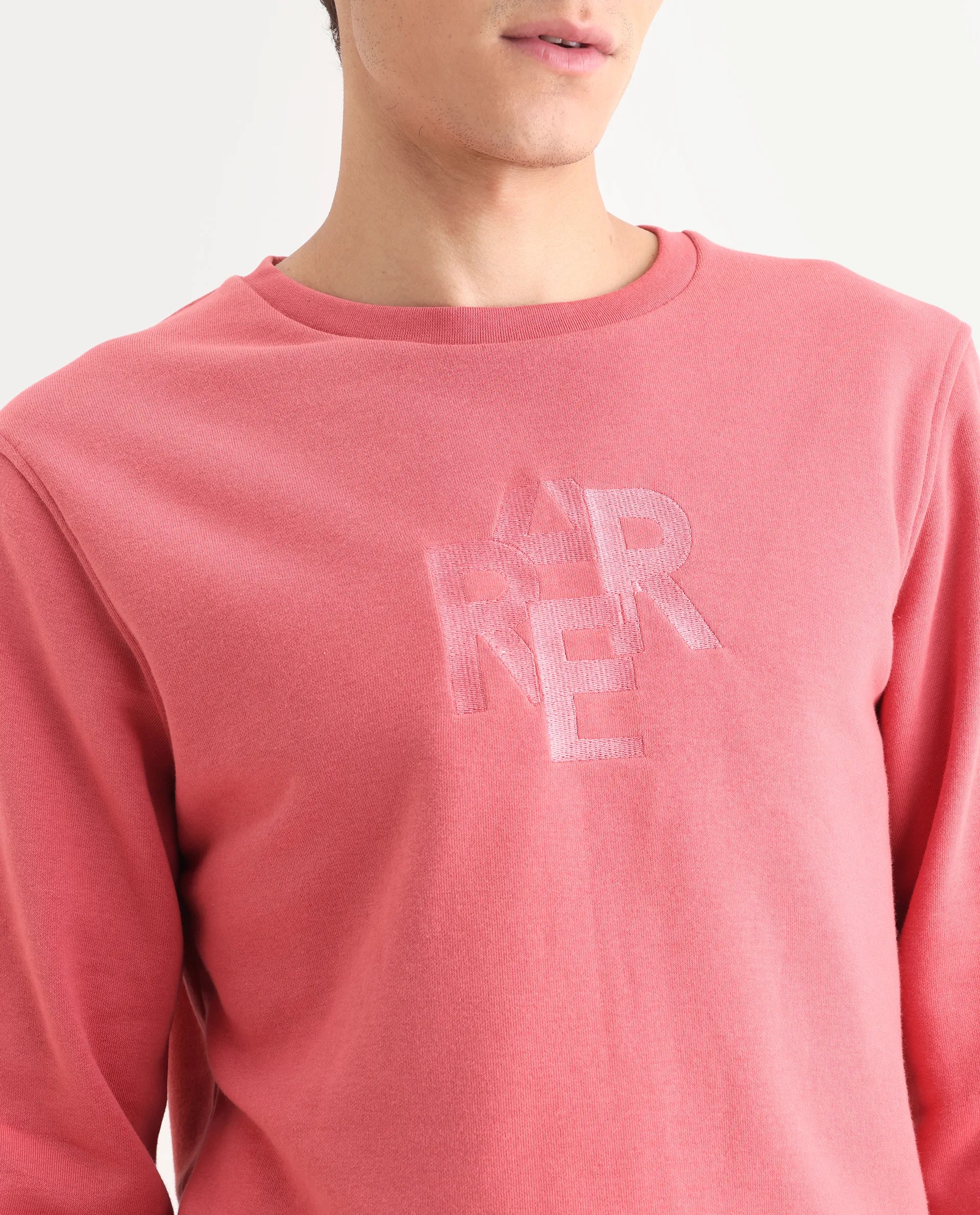 Rare Rabbit Men's Verano Dusky Pink Cotton Embroidered Regular Fit Full Sleeve Crew Neck Sweatshirt - Image 4