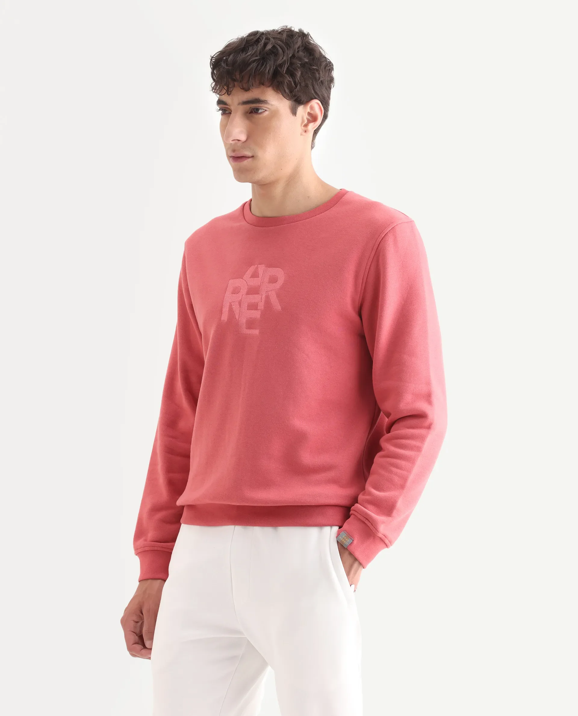 Rare Rabbit Men's Verano Dusky Pink Cotton Embroidered Regular Fit Full Sleeve Crew Neck Sweatshirt - Image 5
