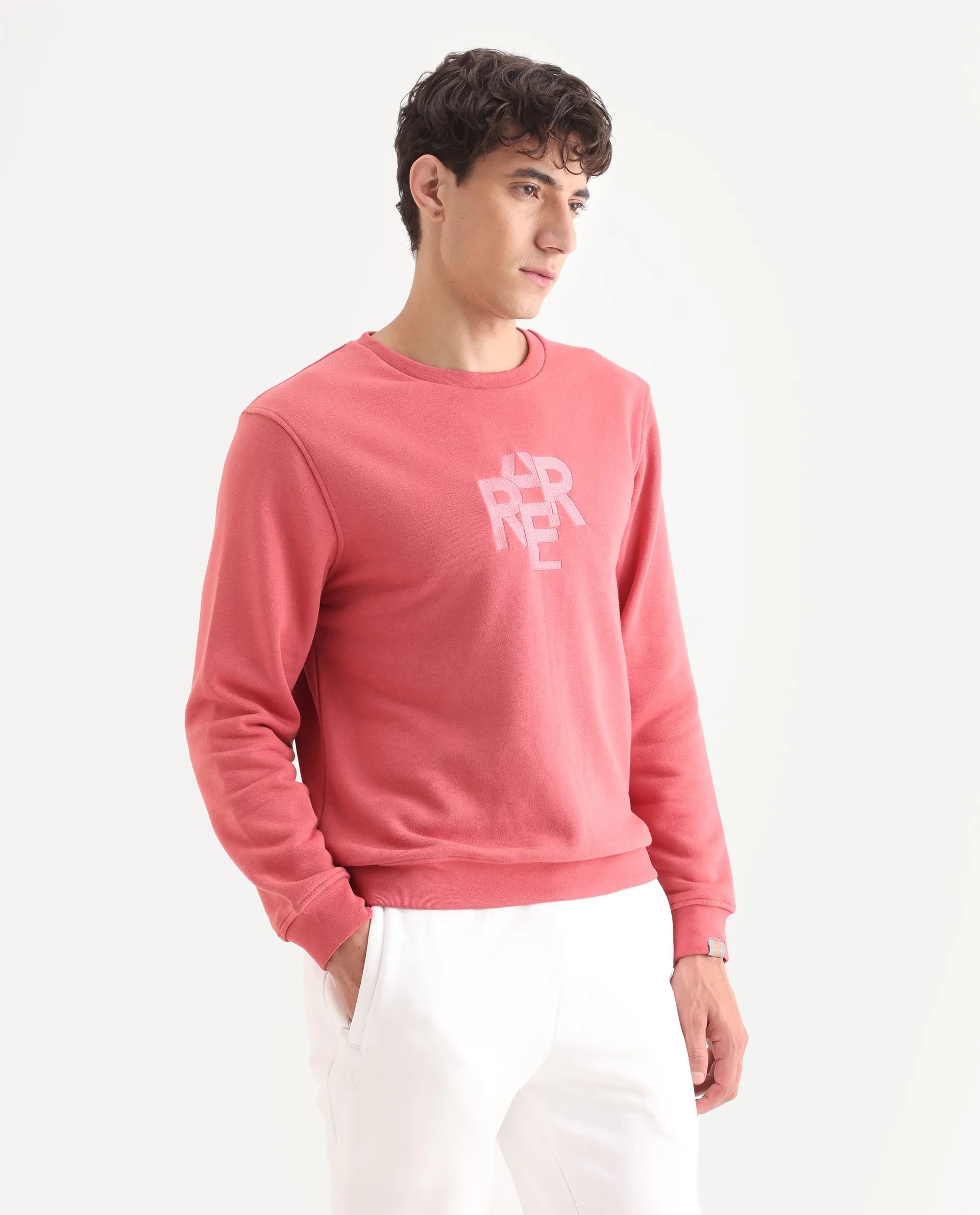 Rare Rabbit Men's Verano Dusky Pink Cotton Embroidered Regular Fit Full Sleeve Crew Neck Sweatshirt - Image 6