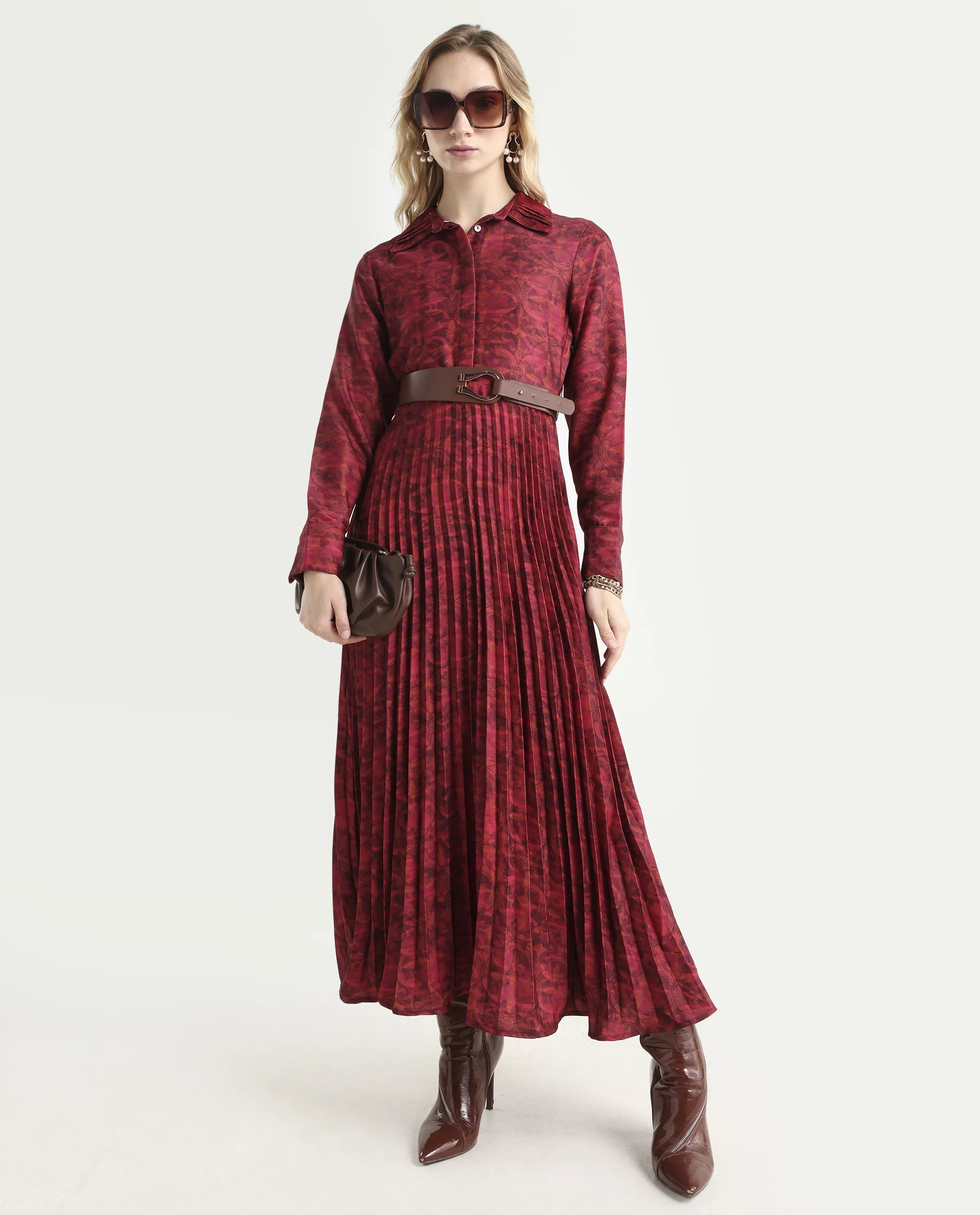 Rareism Women's Verde Multi Polyester Blend Drop Collar Floral Print Cuffed Sleeve Maxi Flared Dress