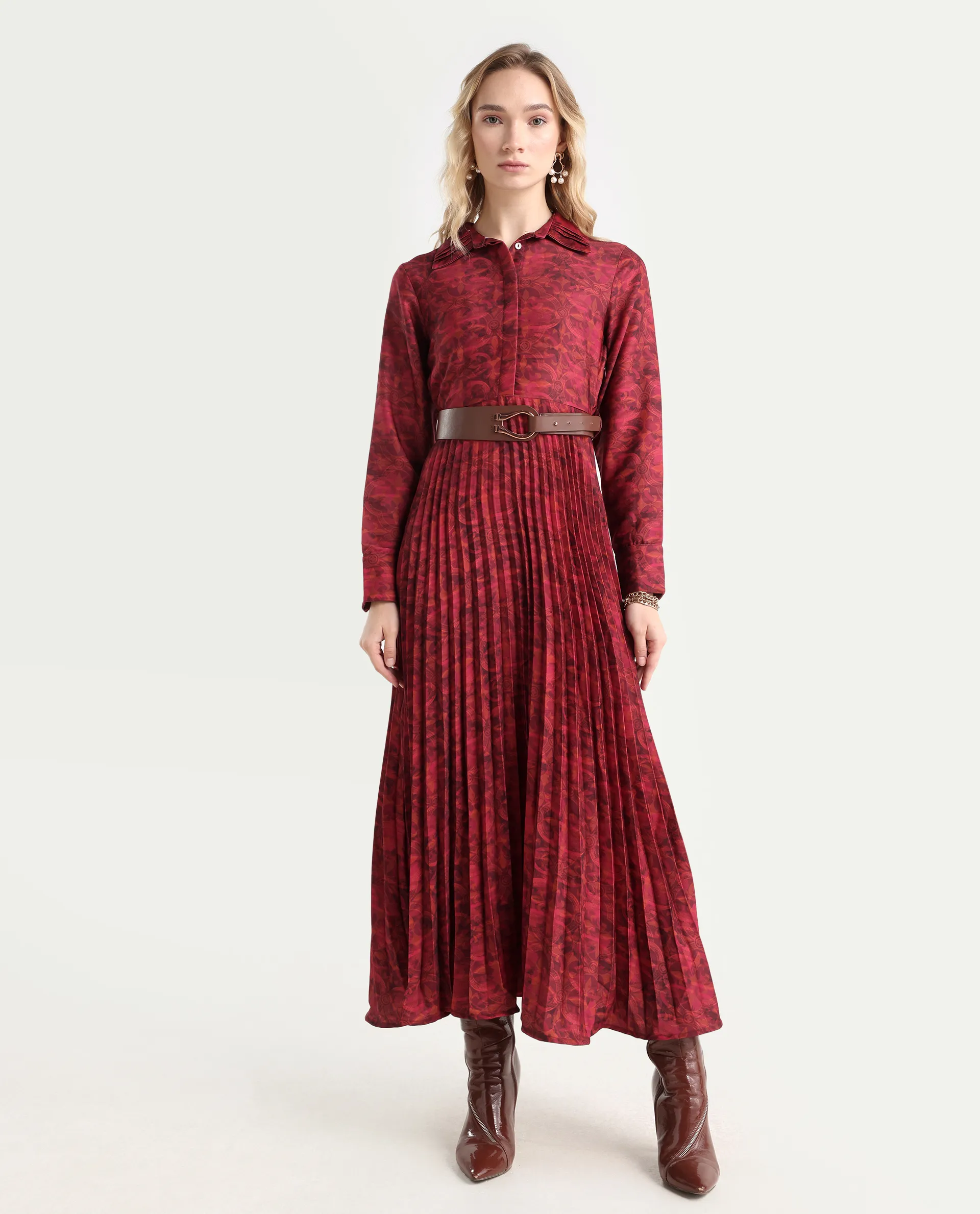 Rareism Women's Verde Multi Polyester Blend Drop Collar Floral Print Cuffed Sleeve Maxi Flared Dress - Image 2