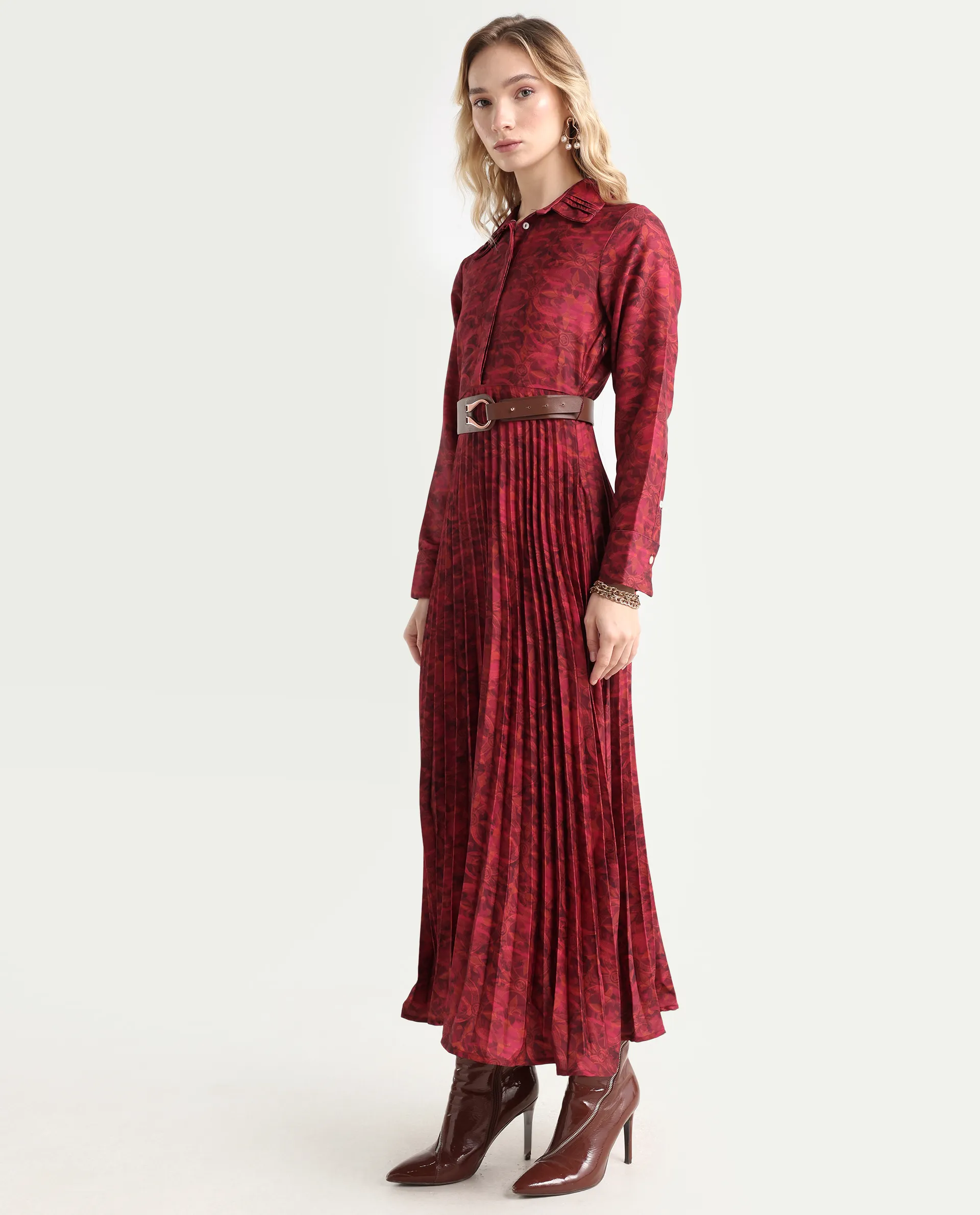 Rareism Women's Verde Multi Polyester Blend Drop Collar Floral Print Cuffed Sleeve Maxi Flared Dress - Image 5