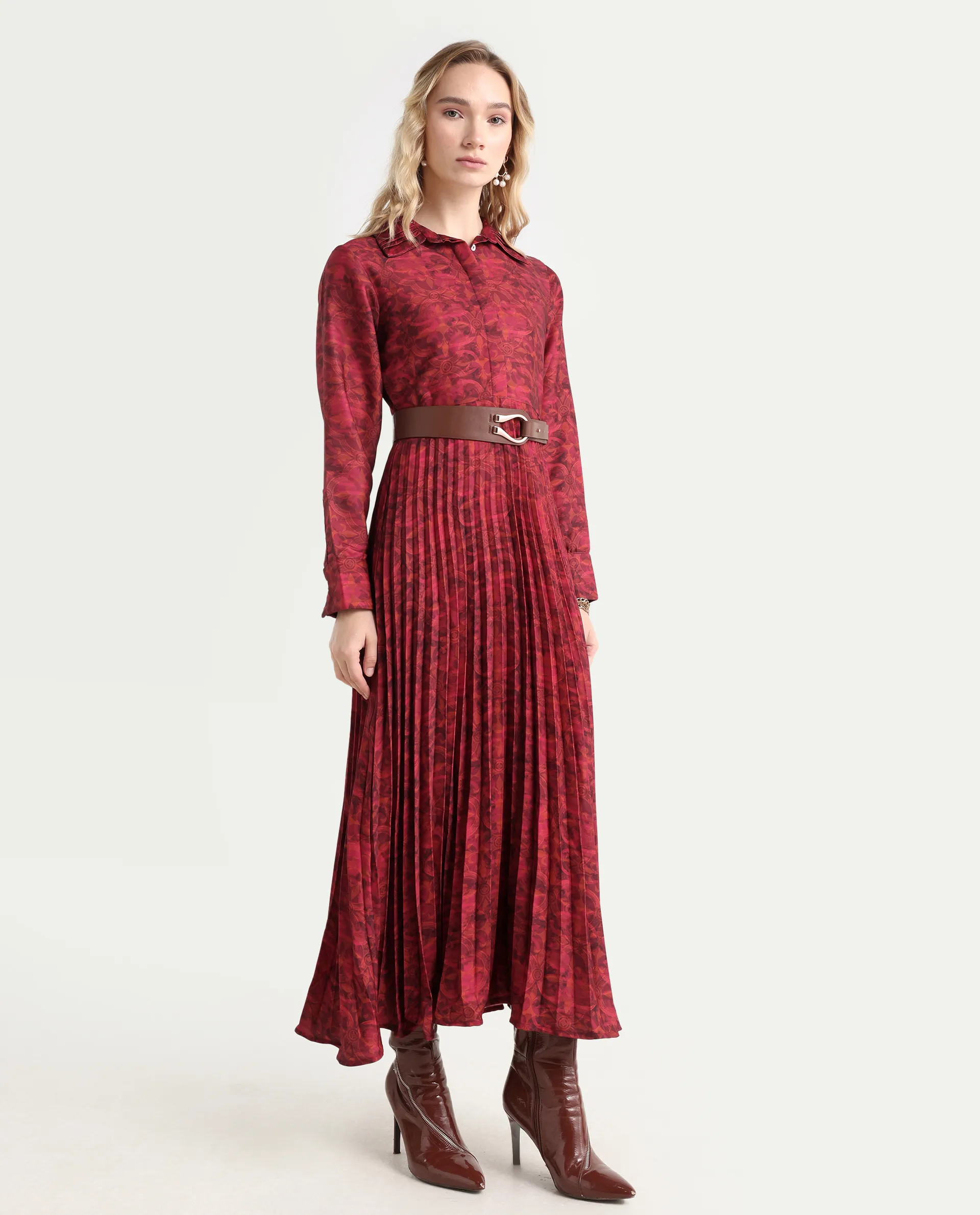 Rareism Women's Verde Multi Polyester Blend Drop Collar Floral Print Cuffed Sleeve Maxi Flared Dress - Image 6