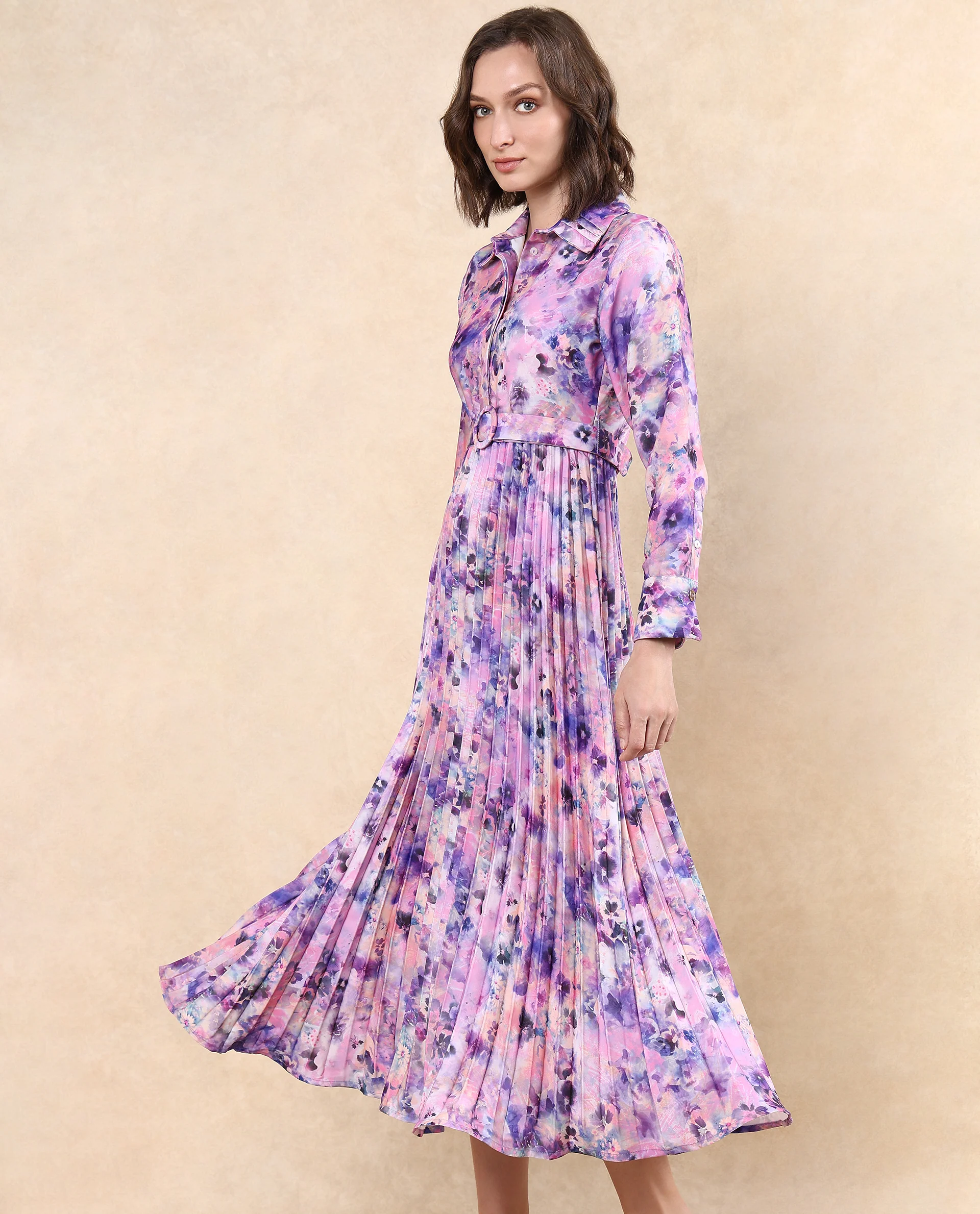 Rareism Women's Verdem Pastel Multi Polyester Blend Drop Collar Floral Print Bishop Sleeve Maxi Flared Dress - Image 3