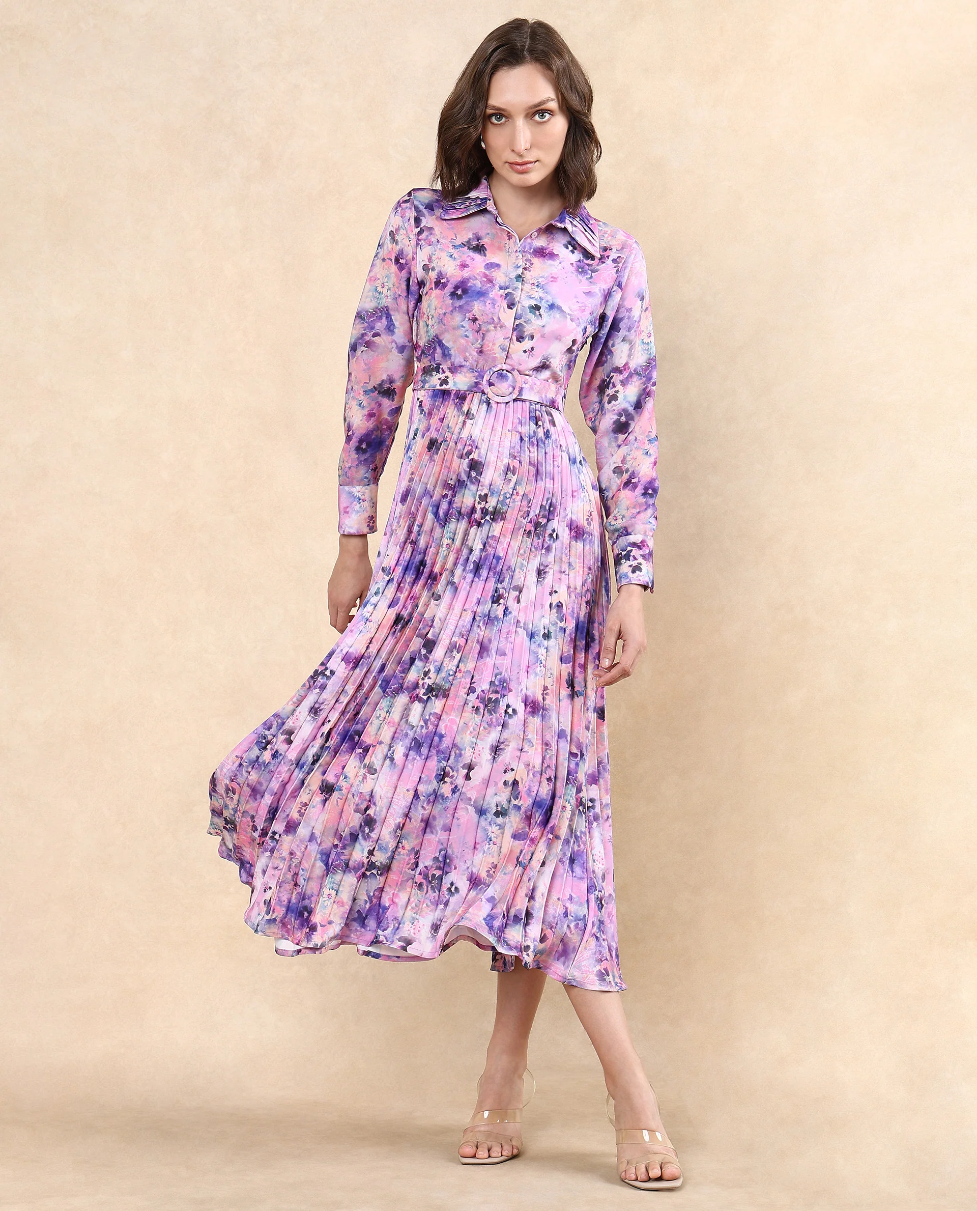 Rareism Women's Verdem Pastel Multi Polyester Blend Drop Collar Floral Print Bishop Sleeve Maxi Flared Dress - Image 4