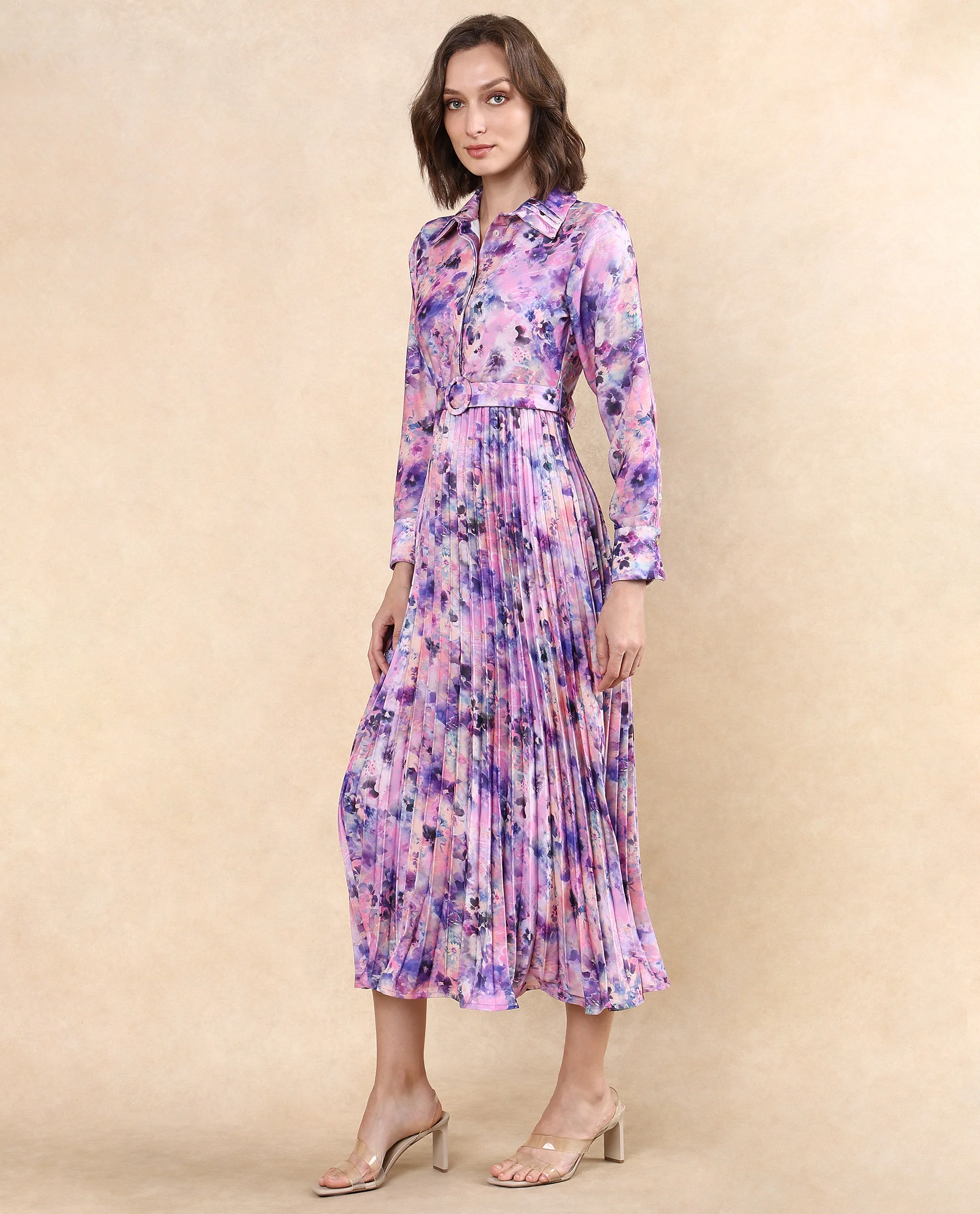 Rareism Women's Verdem Pastel Multi Polyester Blend Drop Collar Floral Print Bishop Sleeve Maxi Flared Dress - Image 5