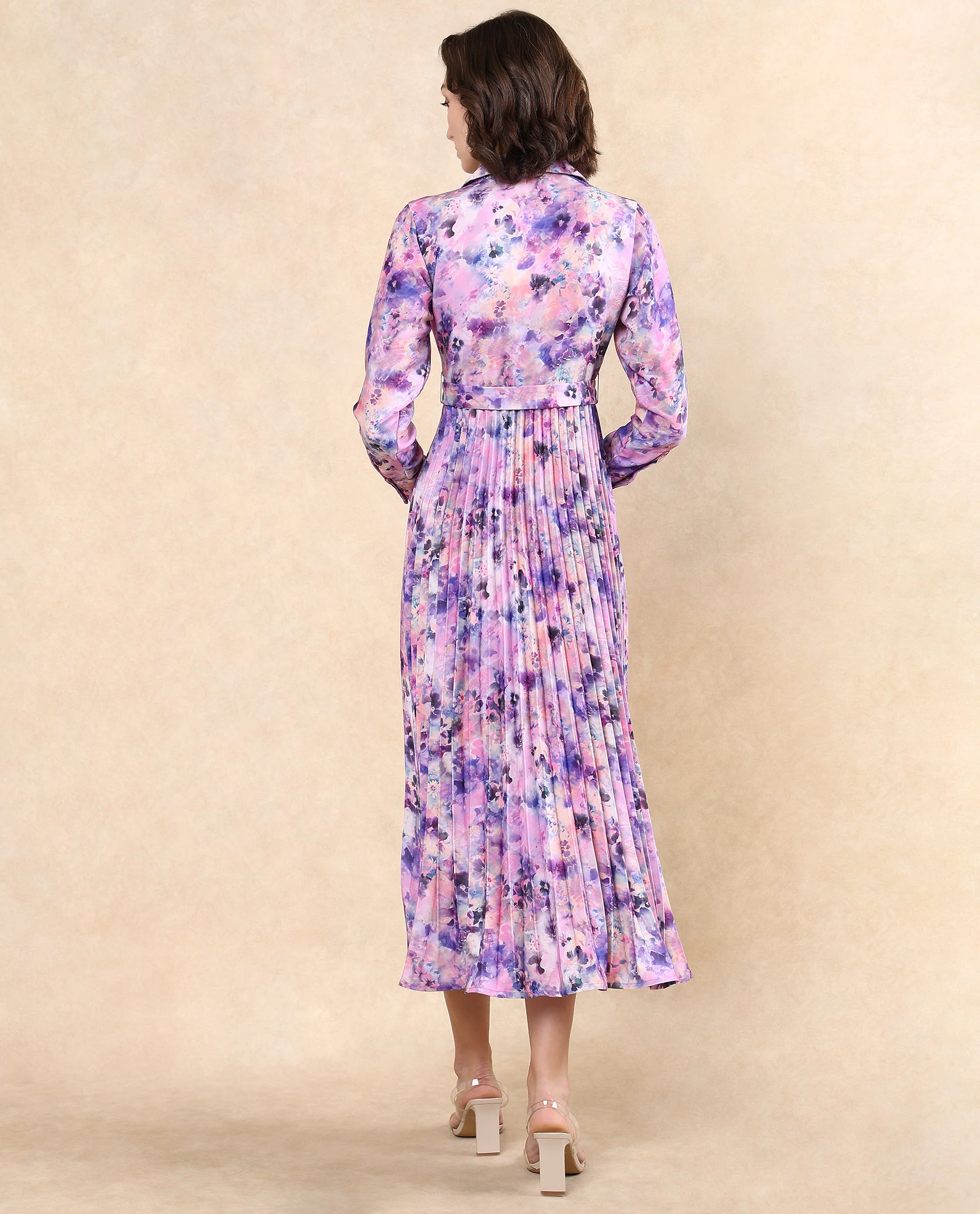 Rareism Women's Verdem Pastel Multi Polyester Blend Drop Collar Floral Print Bishop Sleeve Maxi Flared Dress - Image 7