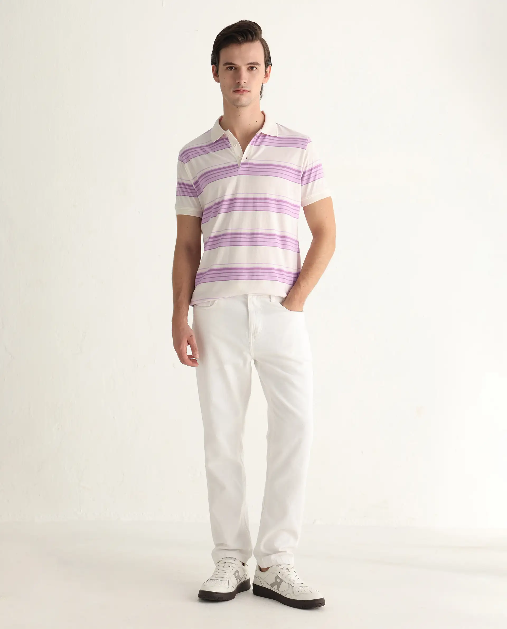 Rare Rabbit Men's Verdun Beige Cotton Striped Print Regular Fit Half Sleeve Polo - Image 2