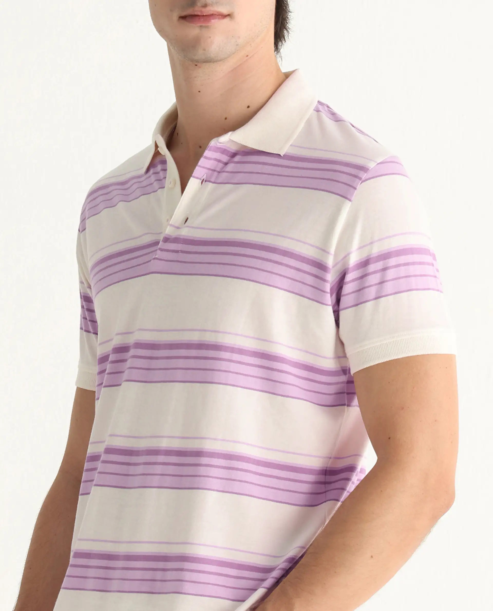 Rare Rabbit Men's Verdun Beige Cotton Striped Print Regular Fit Half Sleeve Polo - Image 3