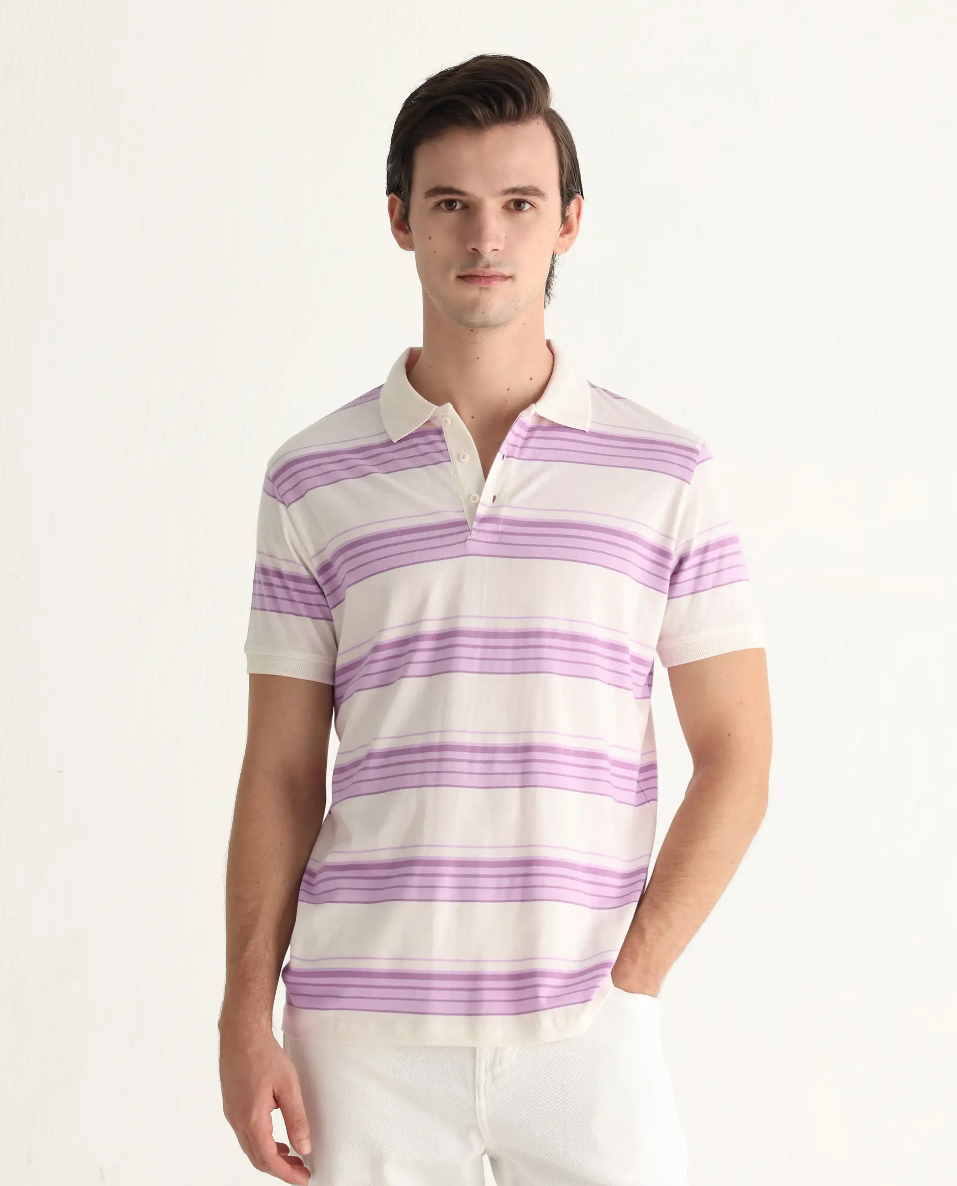 Rare Rabbit Men's Verdun Beige Cotton Striped Print Regular Fit Half Sleeve Polo - Image 5