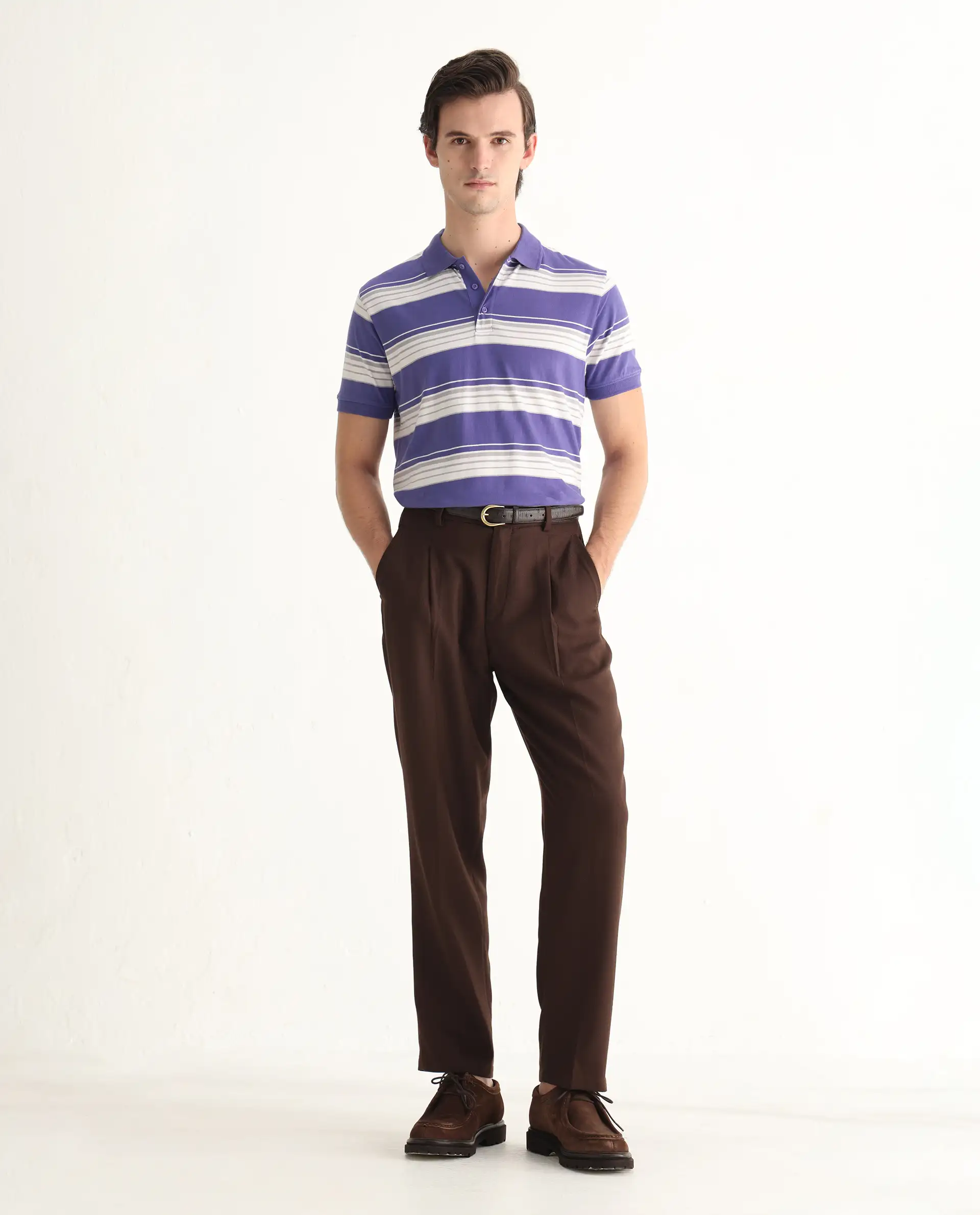 Rare Rabbit Men's Verdun Dark Purple Cotton Striped Print Regular Fit Half Sleeve Polo - Image 2