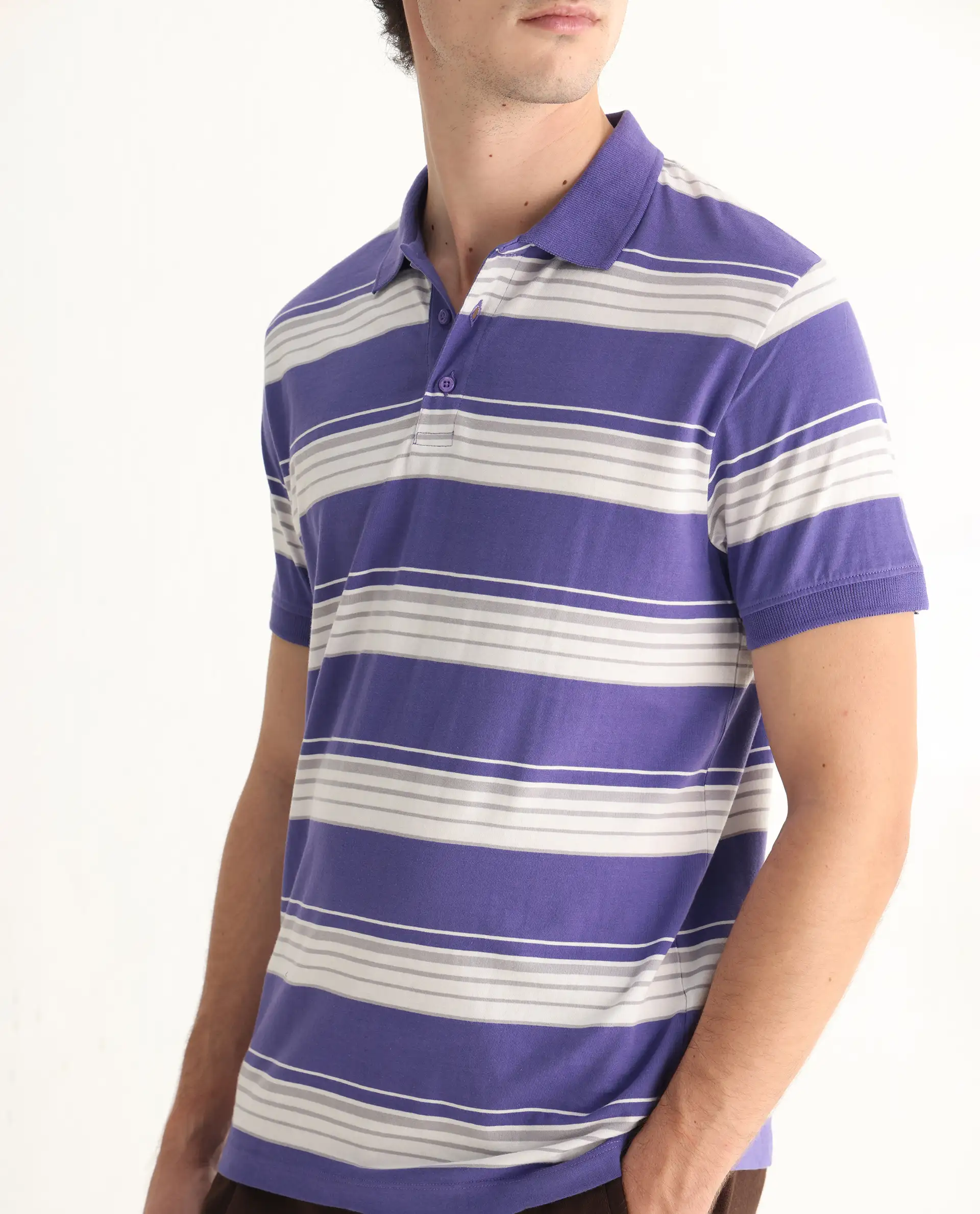 Rare Rabbit Men's Verdun Dark Purple Cotton Striped Print Regular Fit Half Sleeve Polo - Image 3