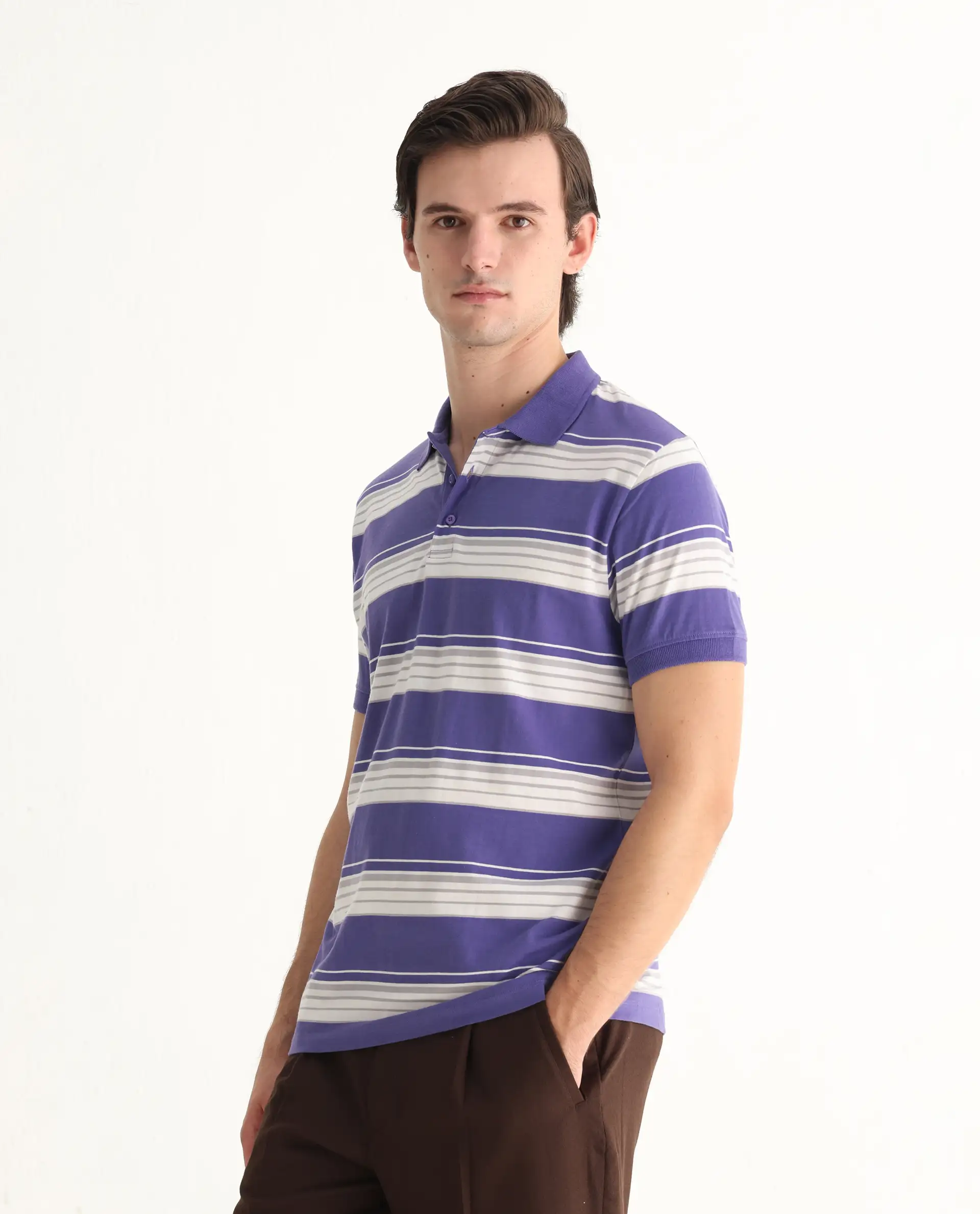Rare Rabbit Men's Verdun Dark Purple Cotton Striped Print Regular Fit Half Sleeve Polo - Image 4