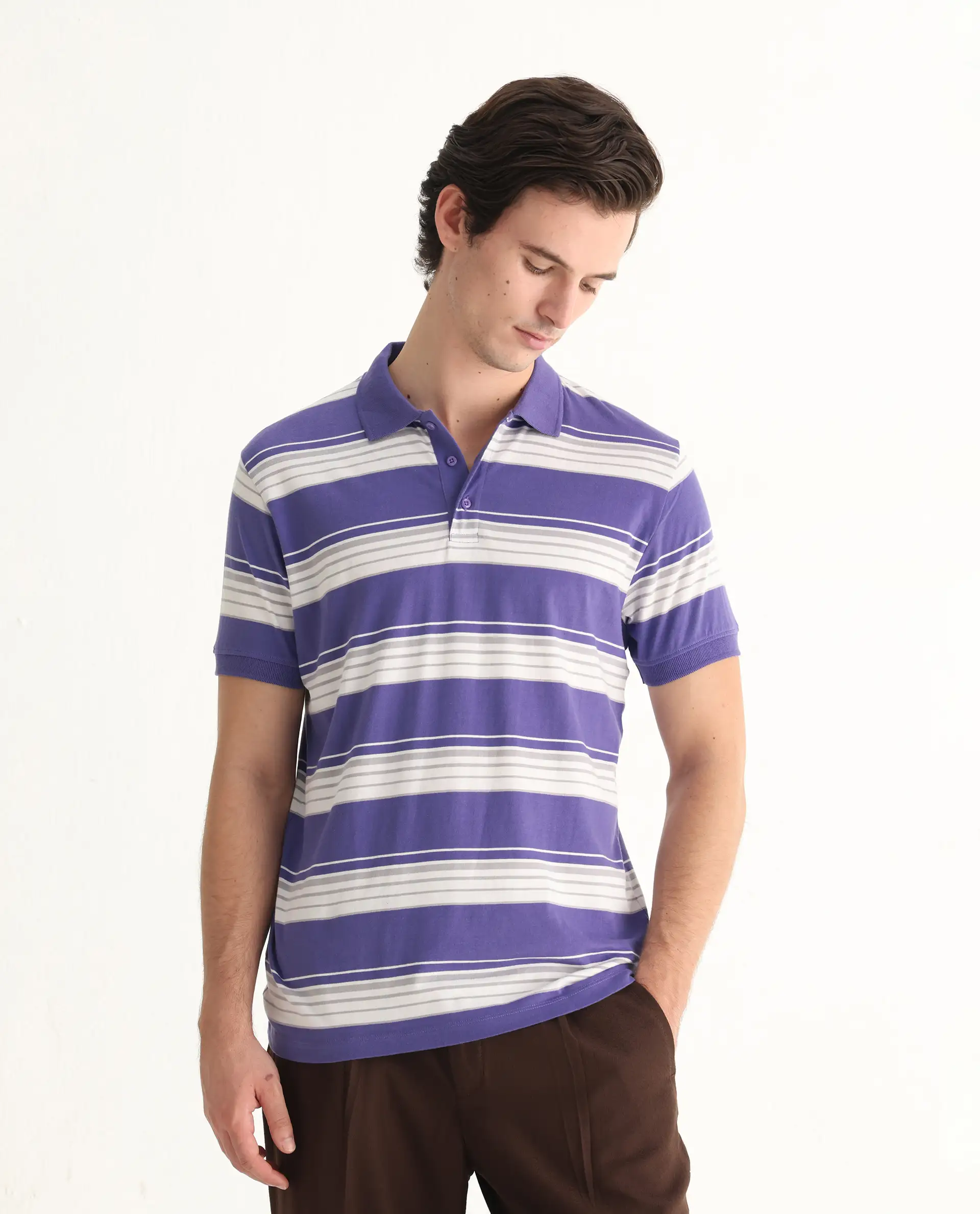 Rare Rabbit Men's Verdun Dark Purple Cotton Striped Print Regular Fit Half Sleeve Polo - Image 5