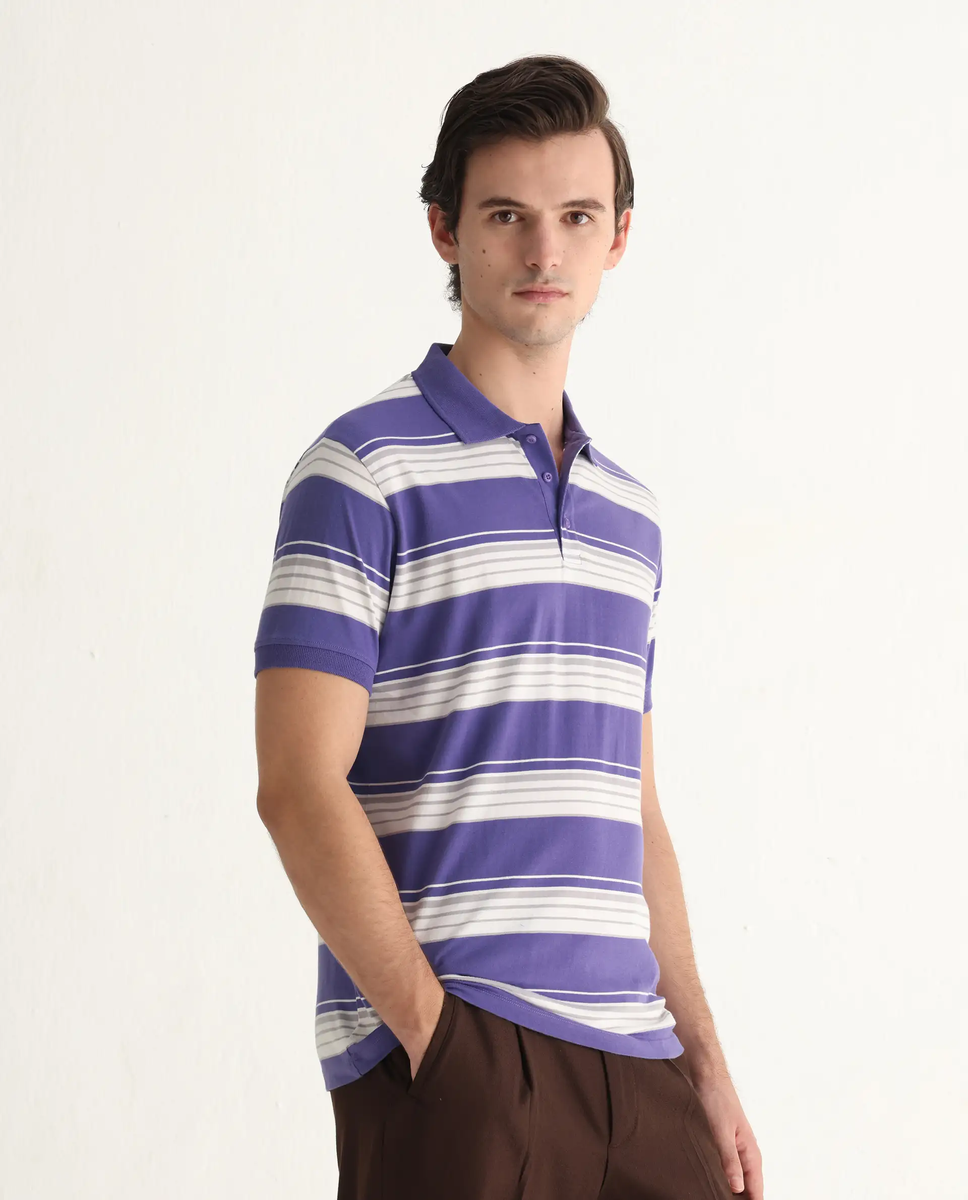 Rare Rabbit Men's Verdun Dark Purple Cotton Striped Print Regular Fit Half Sleeve Polo - Image 6