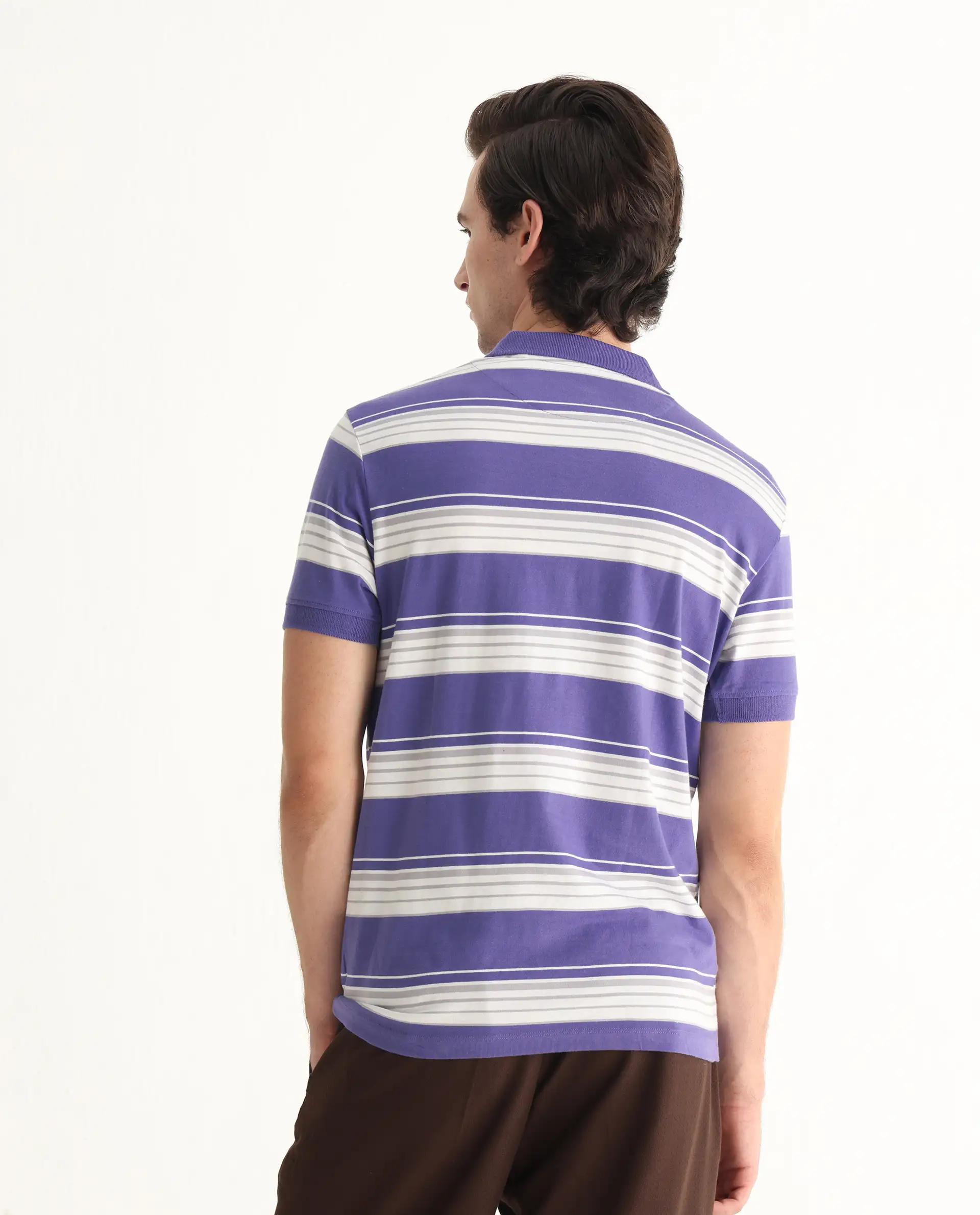 Rare Rabbit Men's Verdun Dark Purple Cotton Striped Print Regular Fit Half Sleeve Polo - Image 8