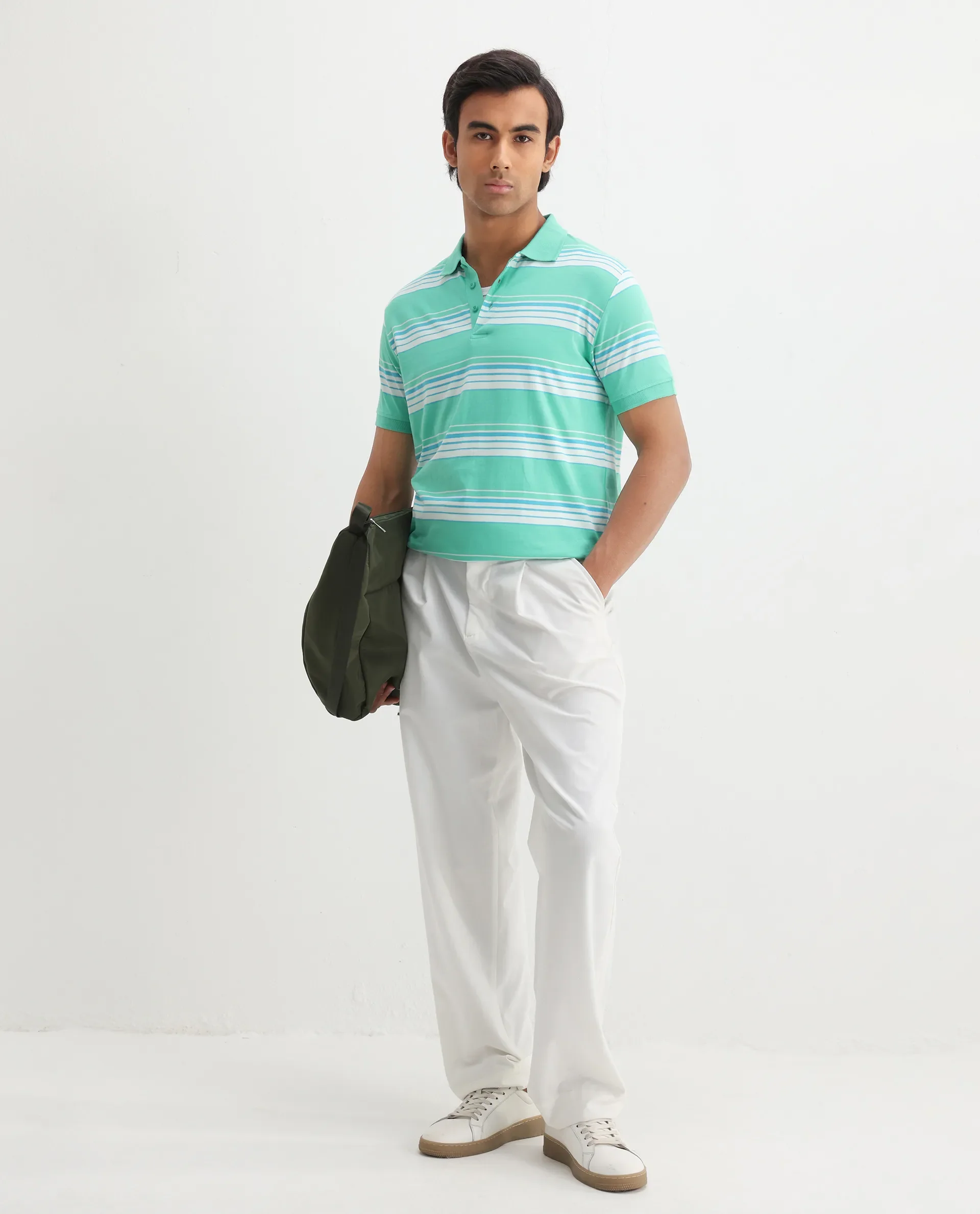 Rare Rabbit Men's Verdun Green Cotton Striped Print Regular Fit Half Sleeve Polo - Image 2