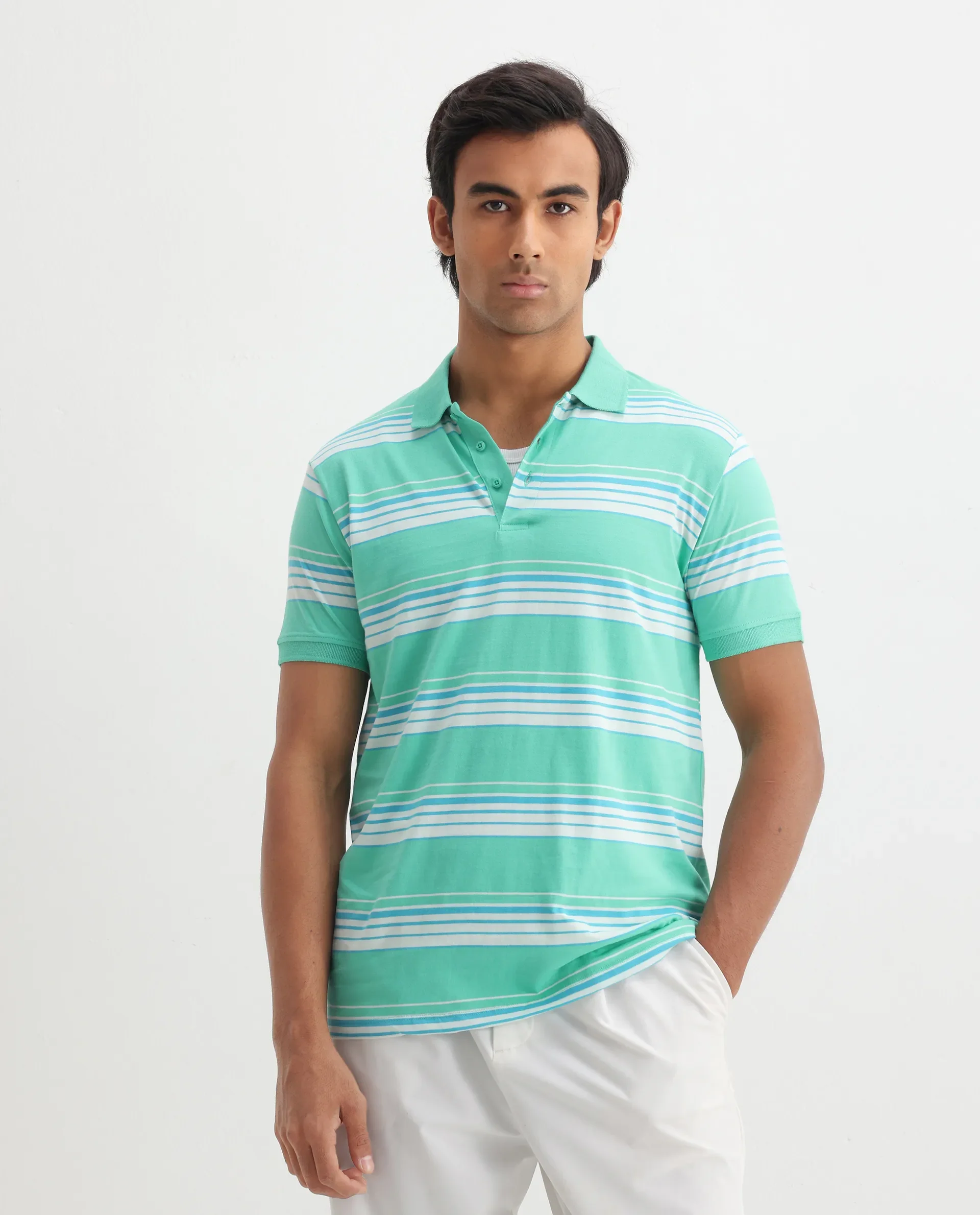 Rare Rabbit Men's Verdun Green Cotton Striped Print Regular Fit Half Sleeve Polo - Image 3