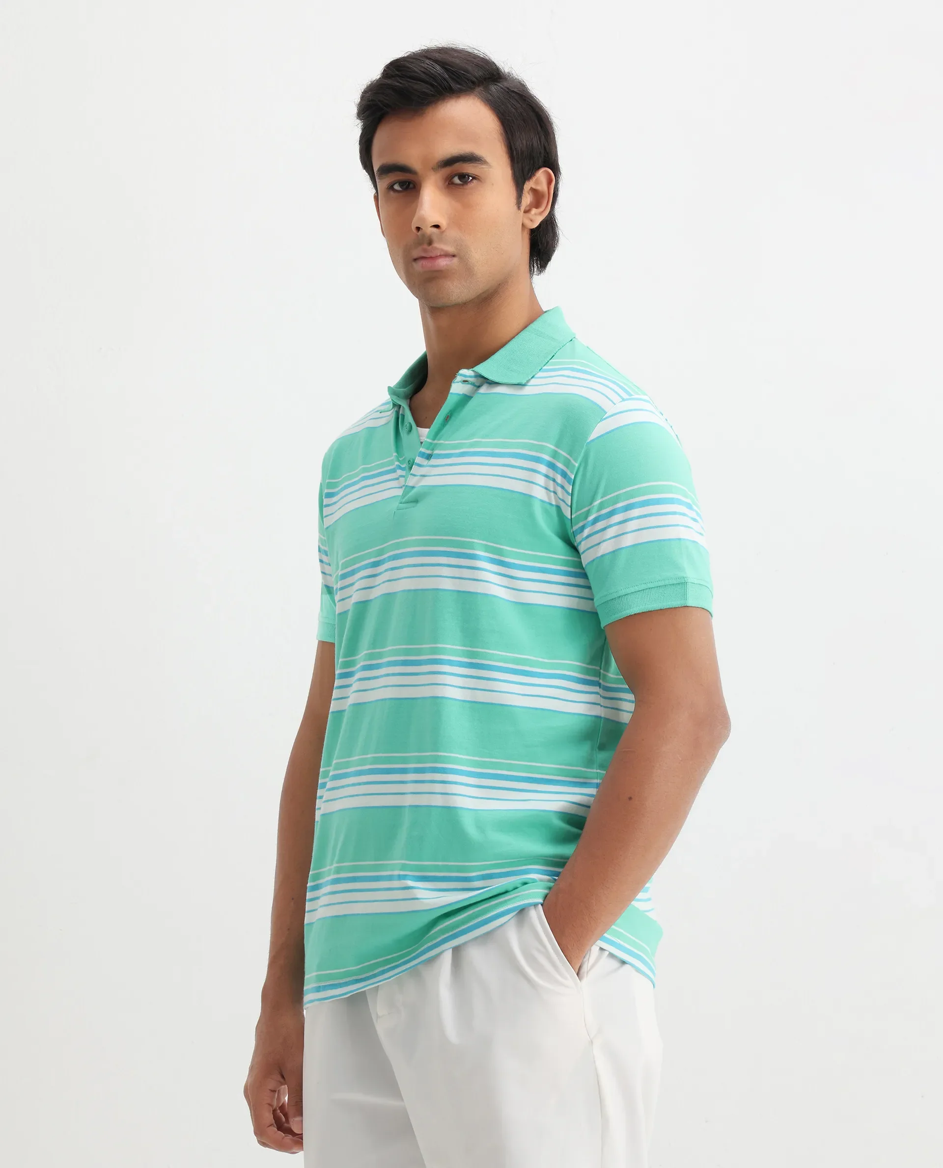 Rare Rabbit Men's Verdun Green Cotton Striped Print Regular Fit Half Sleeve Polo - Image 7