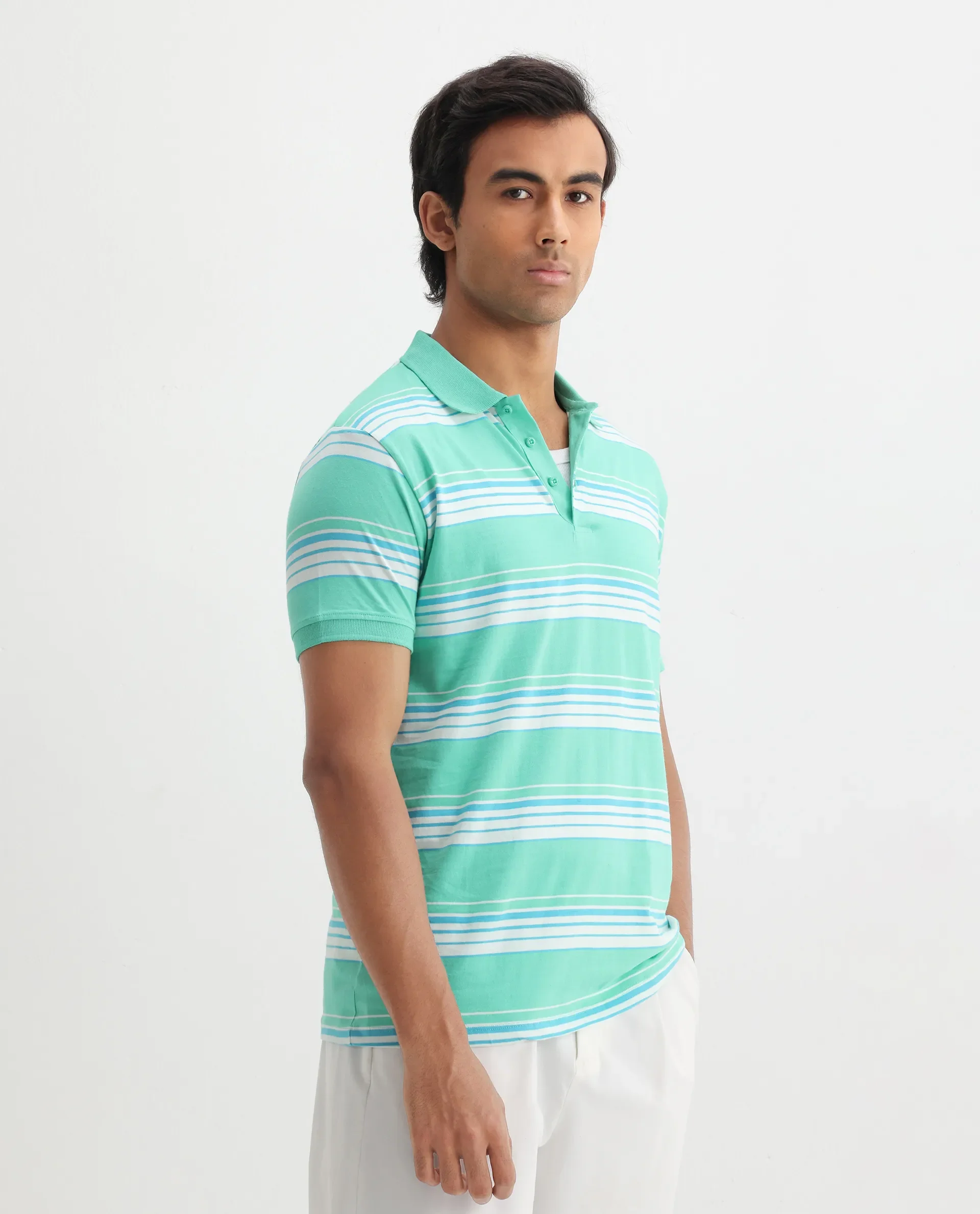 Rare Rabbit Men's Verdun Green Cotton Striped Print Regular Fit Half Sleeve Polo - Image 8