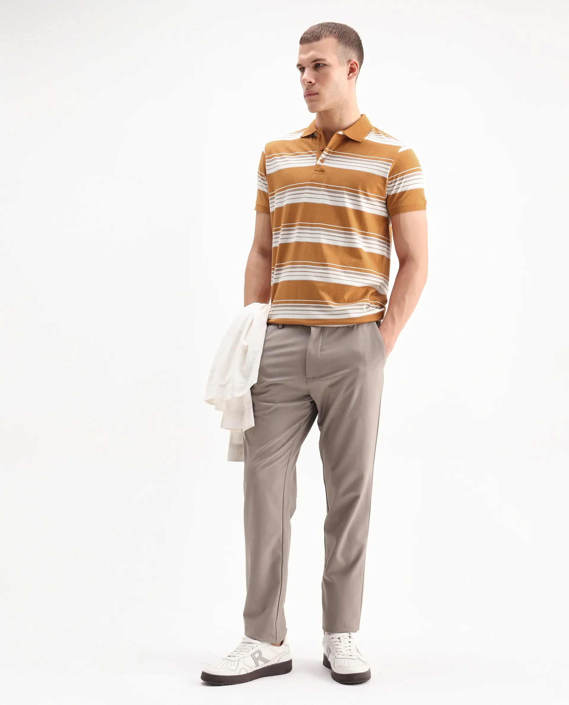 Rare Rabbit Men's Verdun Orange Cotton Striped Print Regular Fit Half Sleeve Polo - Image 2
