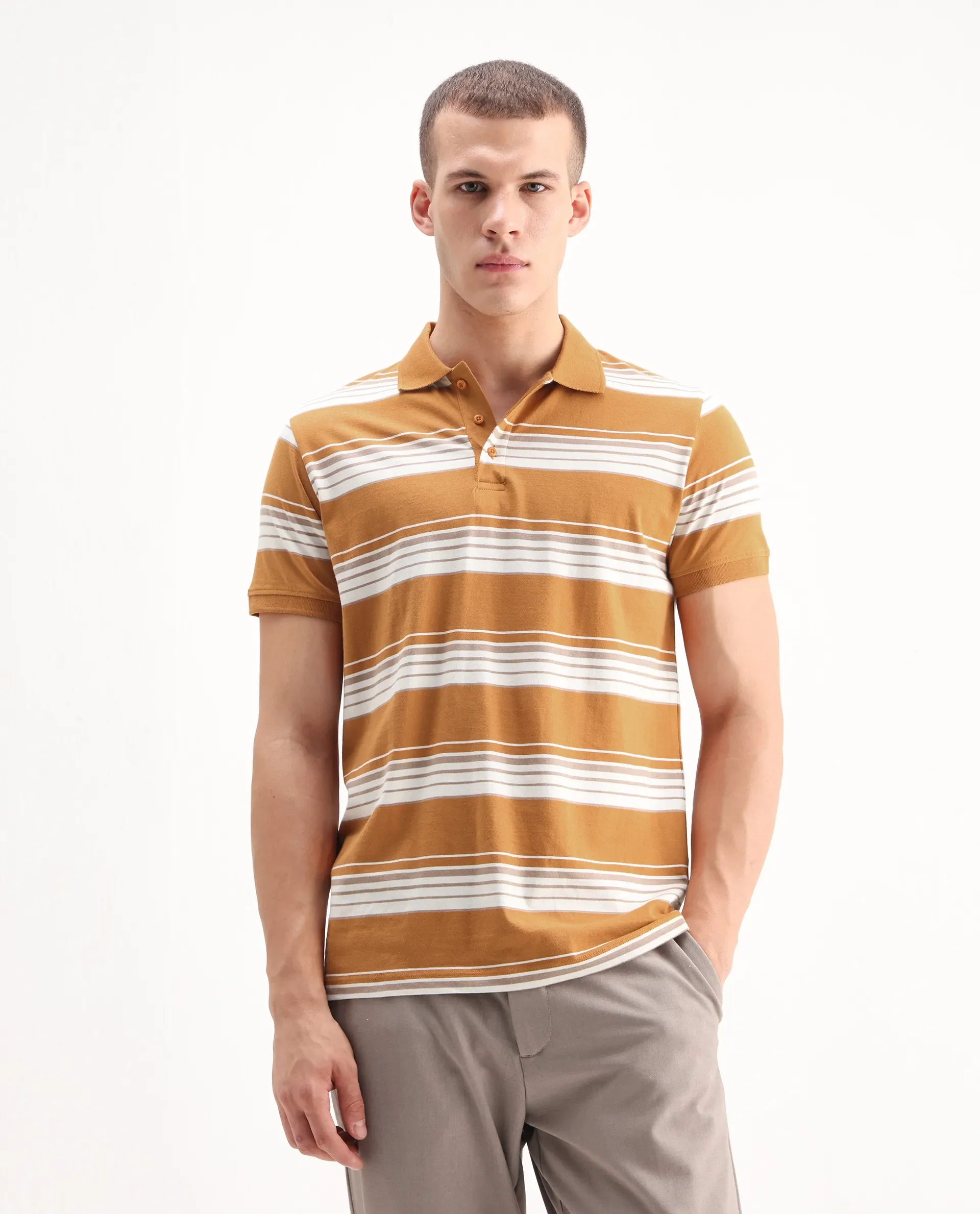 Rare Rabbit Men's Verdun Orange Cotton Striped Print Regular Fit Half Sleeve Polo - Image 3