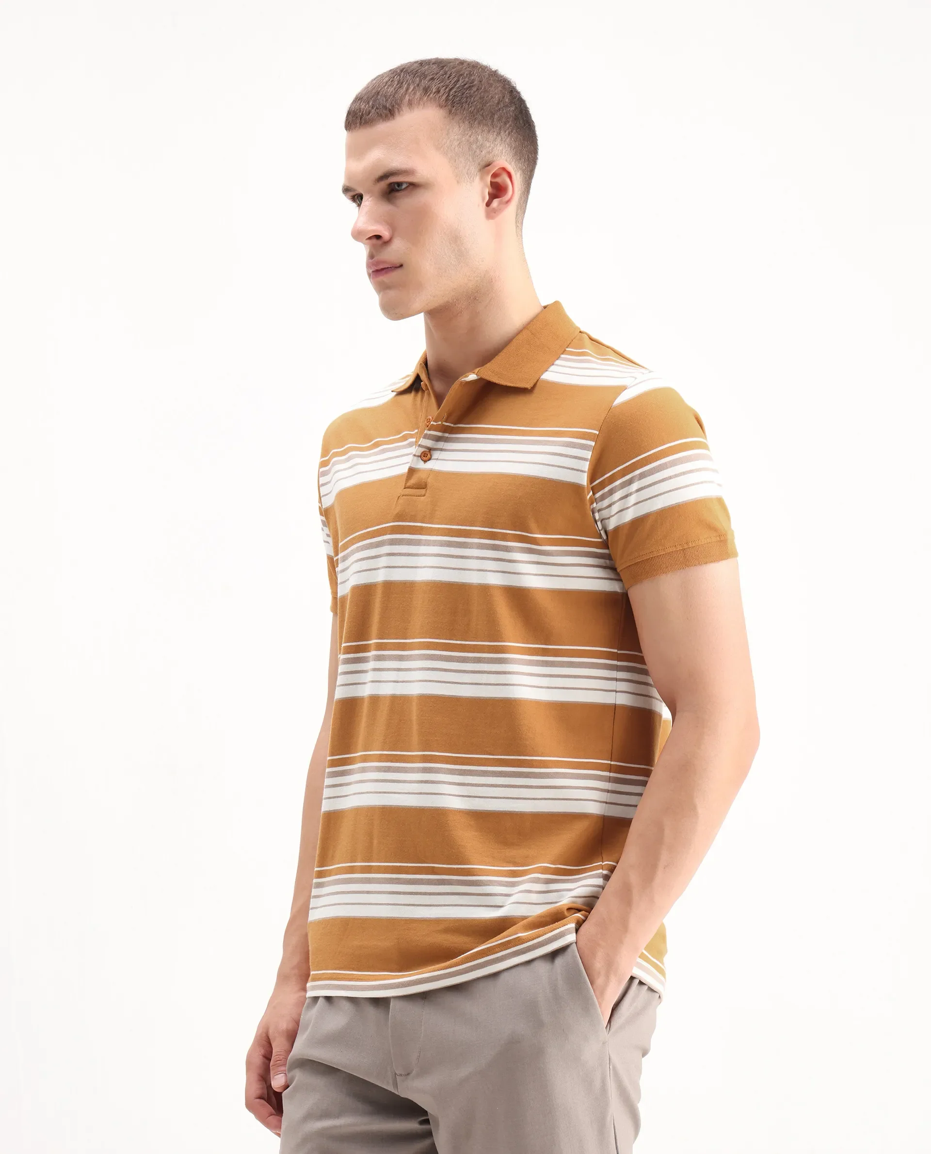 Rare Rabbit Men's Verdun Orange Cotton Striped Print Regular Fit Half Sleeve Polo - Image 5