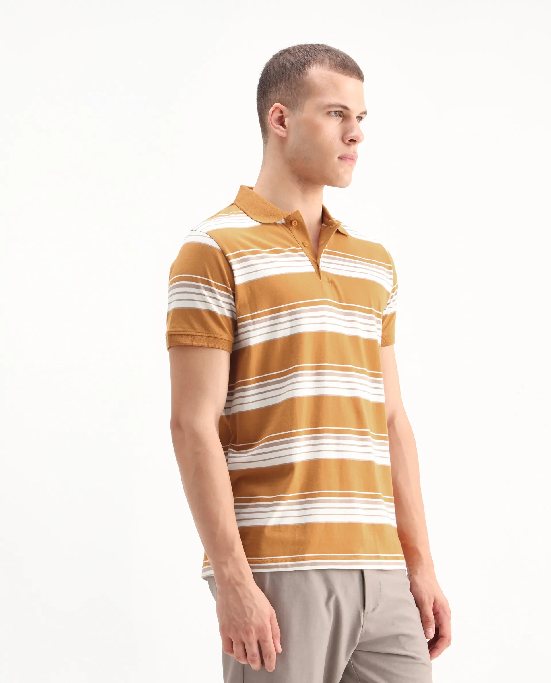 Rare Rabbit Men's Verdun Orange Cotton Striped Print Regular Fit Half Sleeve Polo - Image 6