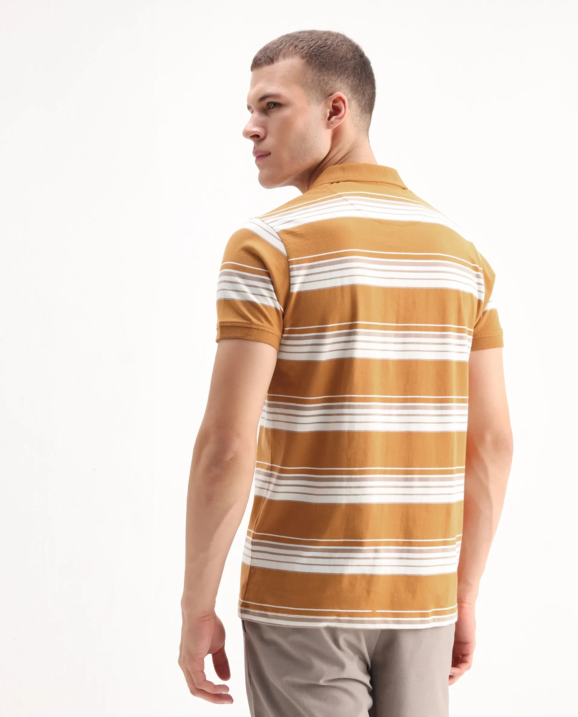 Rare Rabbit Men's Verdun Orange Cotton Striped Print Regular Fit Half Sleeve Polo - Image 7