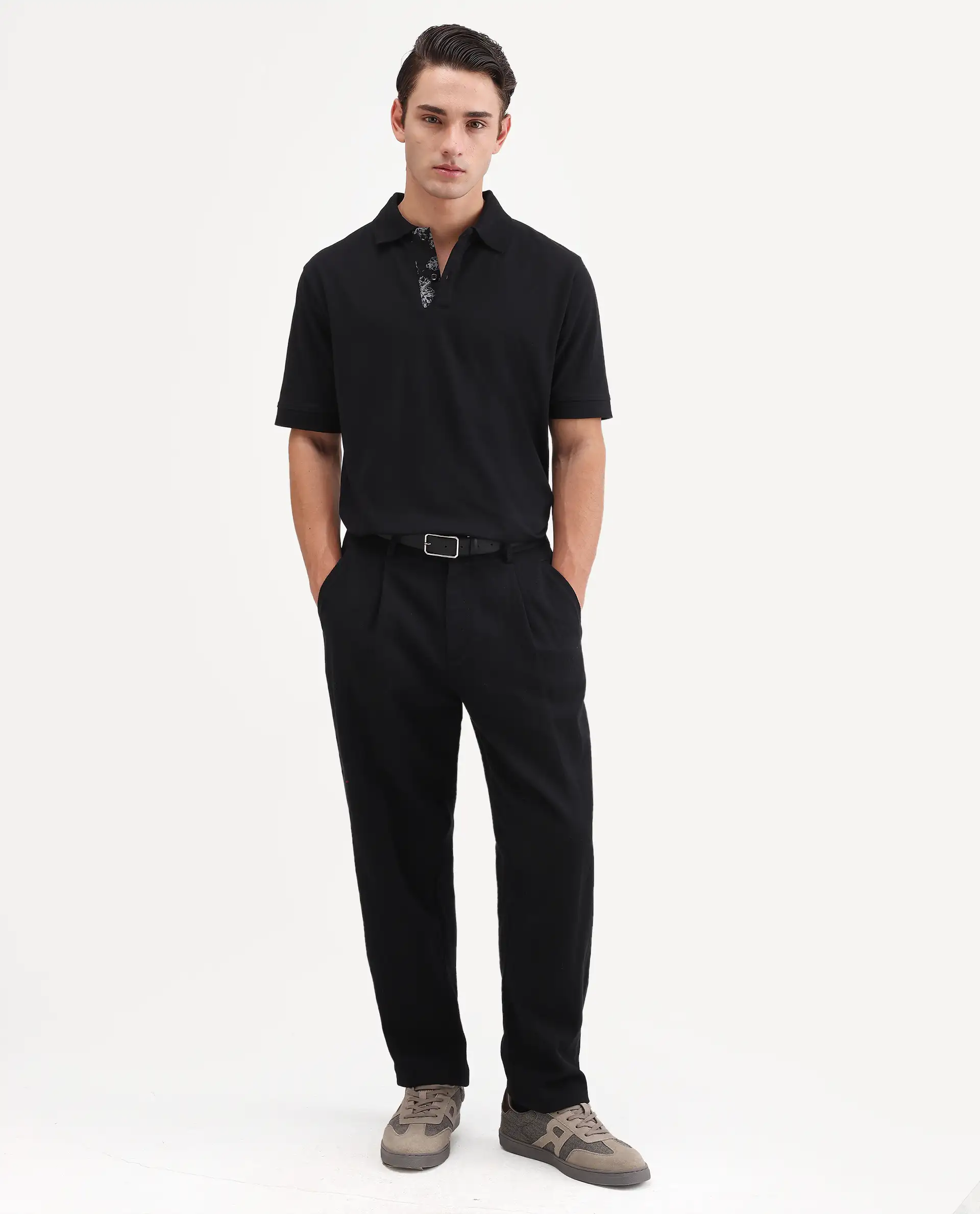 Rare Rabbit Men's Verlo Black Cotton Blend Fabric Half Sleeve Spread Collar Regular Fit Plain Polo - Image 2