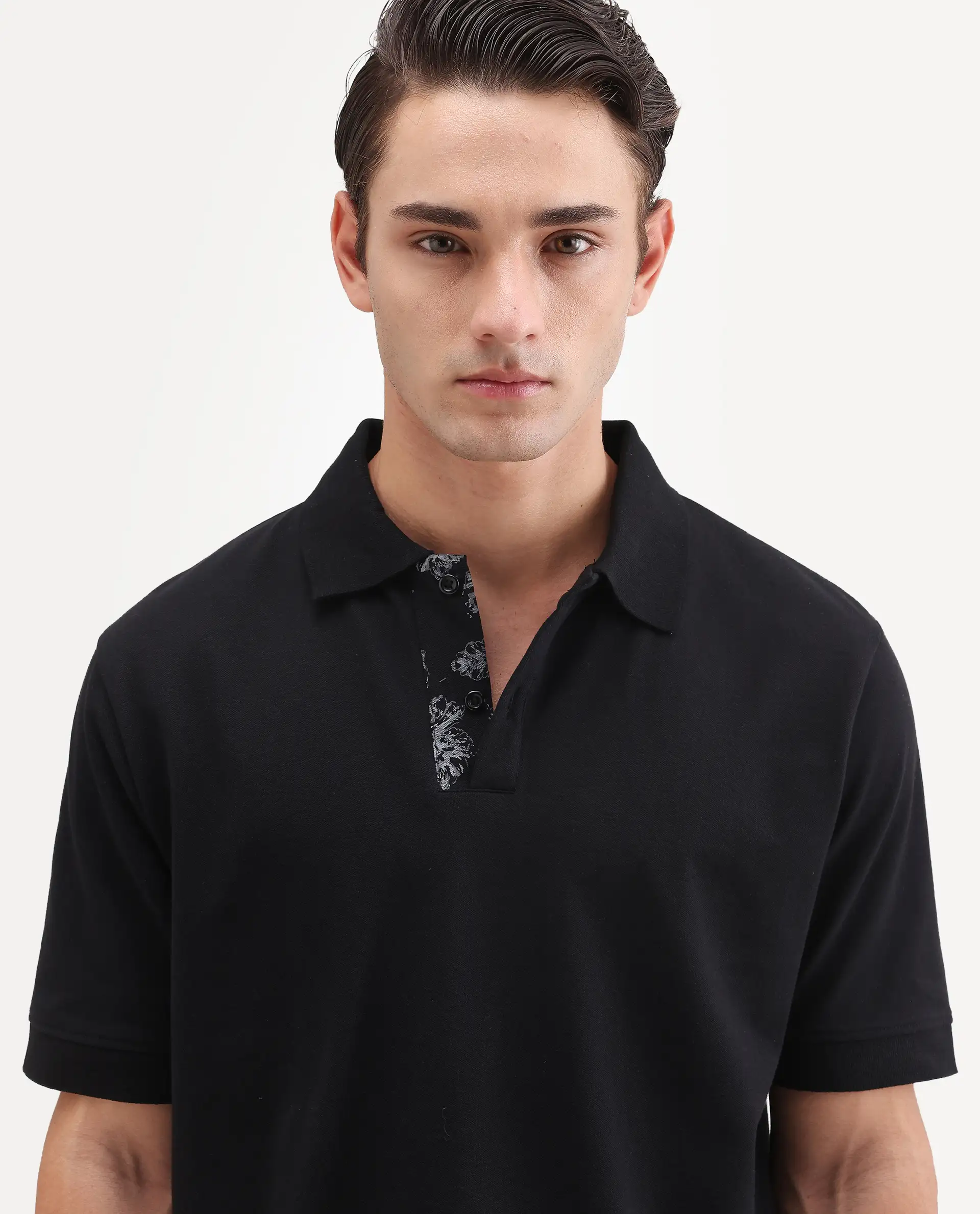 Rare Rabbit Men's Verlo Black Cotton Blend Fabric Half Sleeve Spread Collar Regular Fit Plain Polo - Image 3