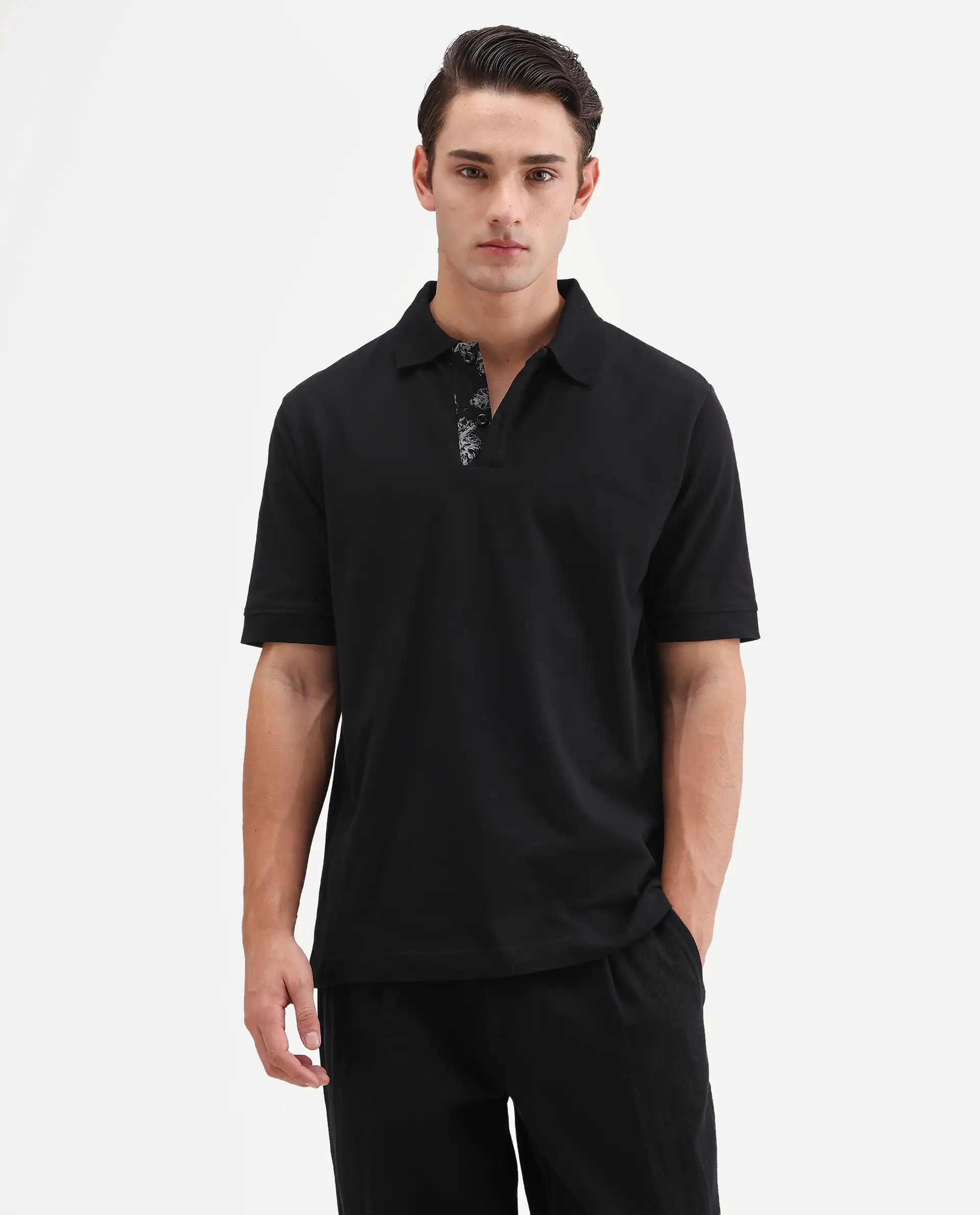 Rare Rabbit Men's Verlo Black Cotton Blend Fabric Half Sleeve Spread Collar Regular Fit Plain Polo - Image 4