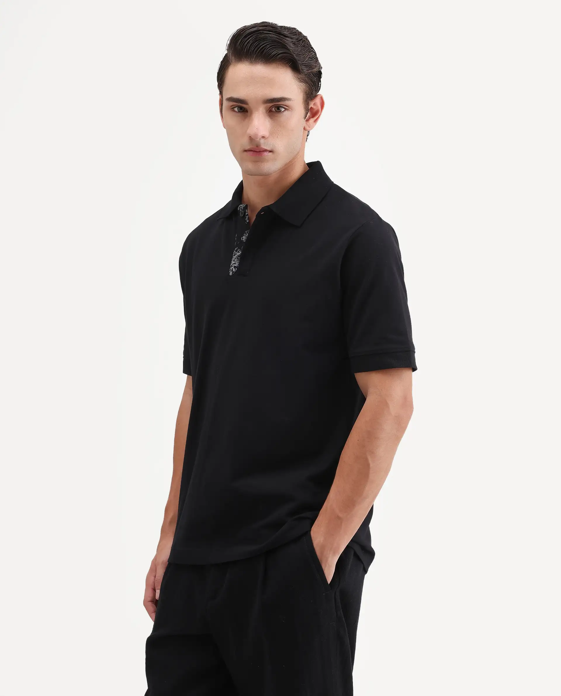 Rare Rabbit Men's Verlo Black Cotton Blend Fabric Half Sleeve Spread Collar Regular Fit Plain Polo - Image 5
