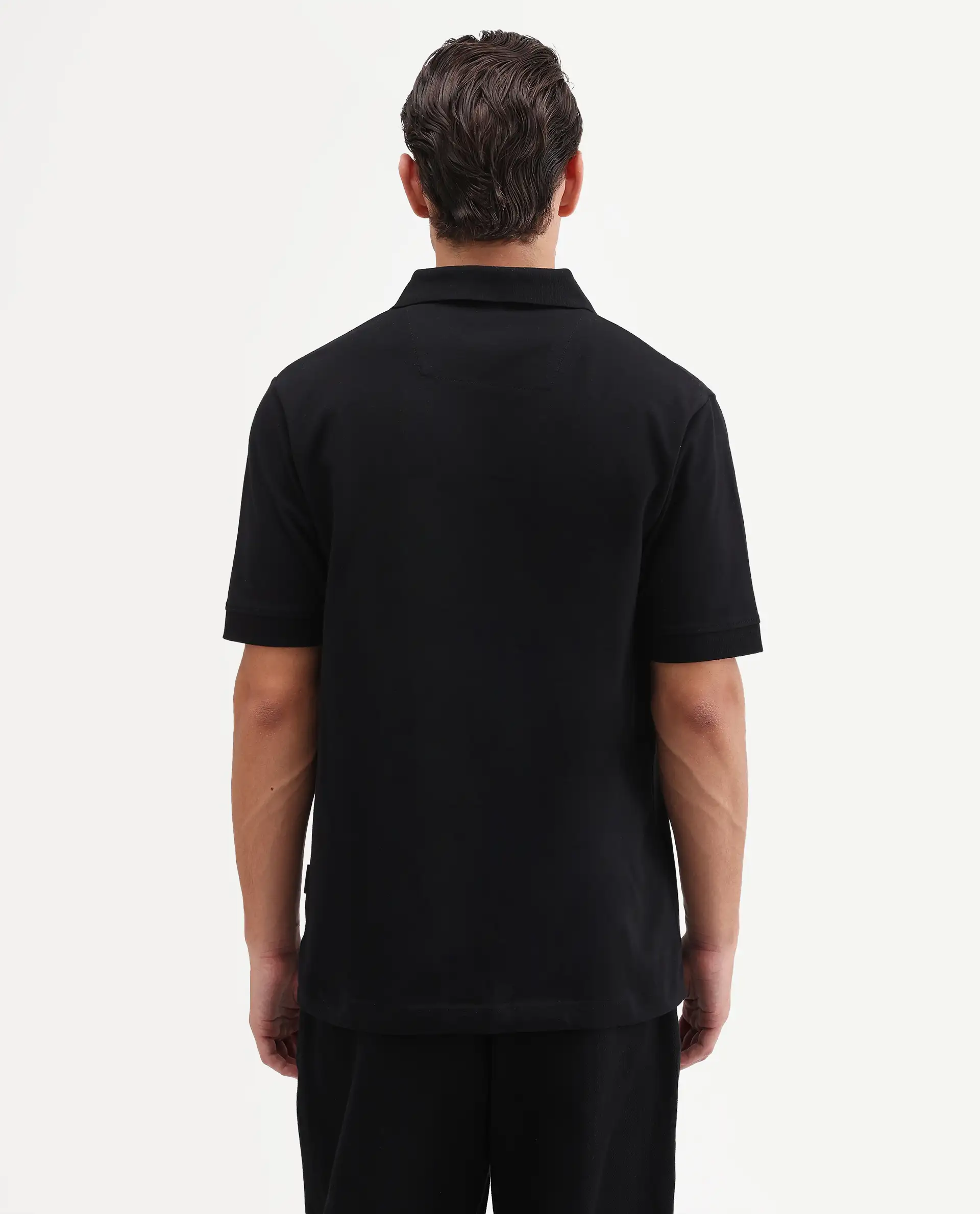 Rare Rabbit Men's Verlo Black Cotton Blend Fabric Half Sleeve Spread Collar Regular Fit Plain Polo - Image 6