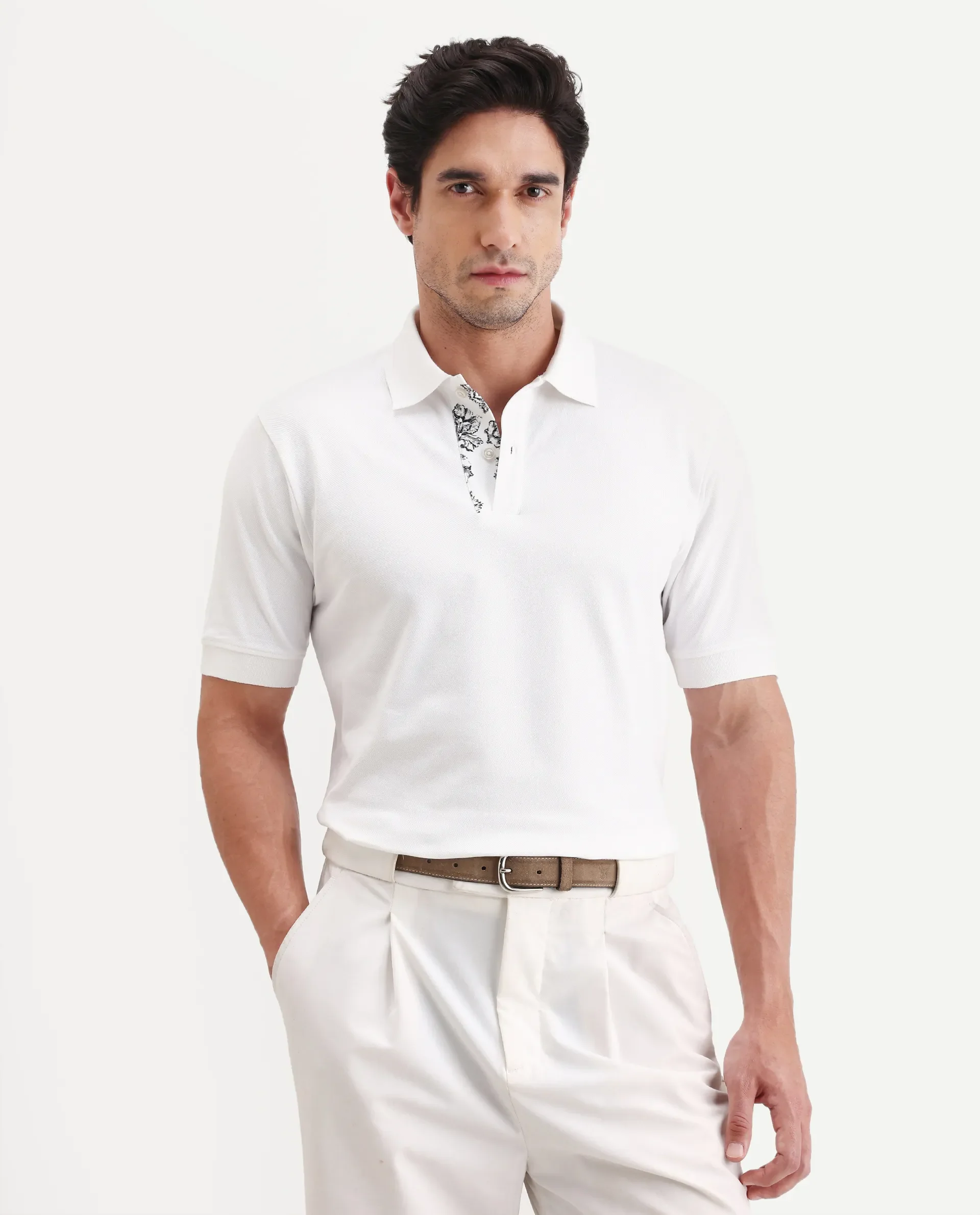 Rare Rabbit Men's Verlo White Cotton Blend Fabric Half Sleeve Spread Collar Regular Fit Plain Polo - Image 4