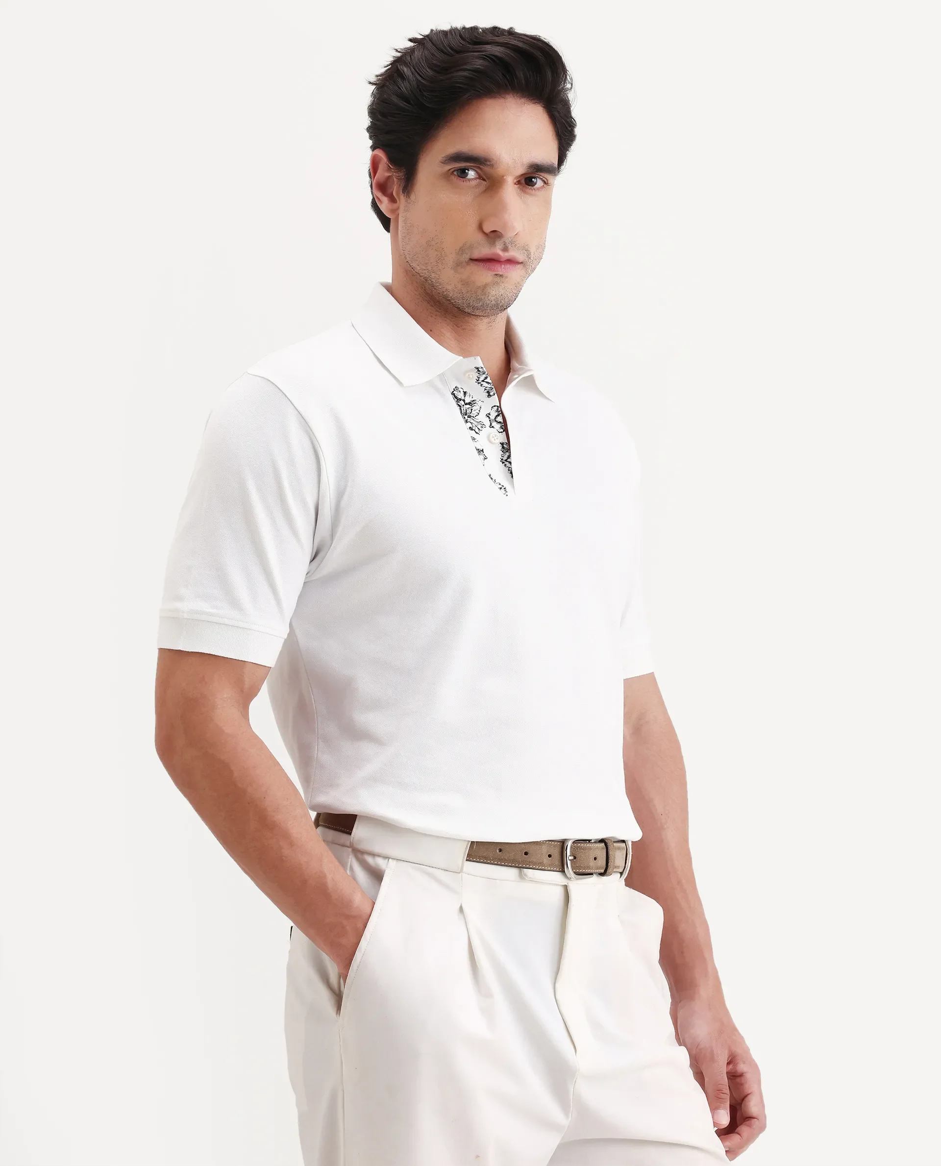 Rare Rabbit Men's Verlo White Cotton Blend Fabric Half Sleeve Spread Collar Regular Fit Plain Polo - Image 5