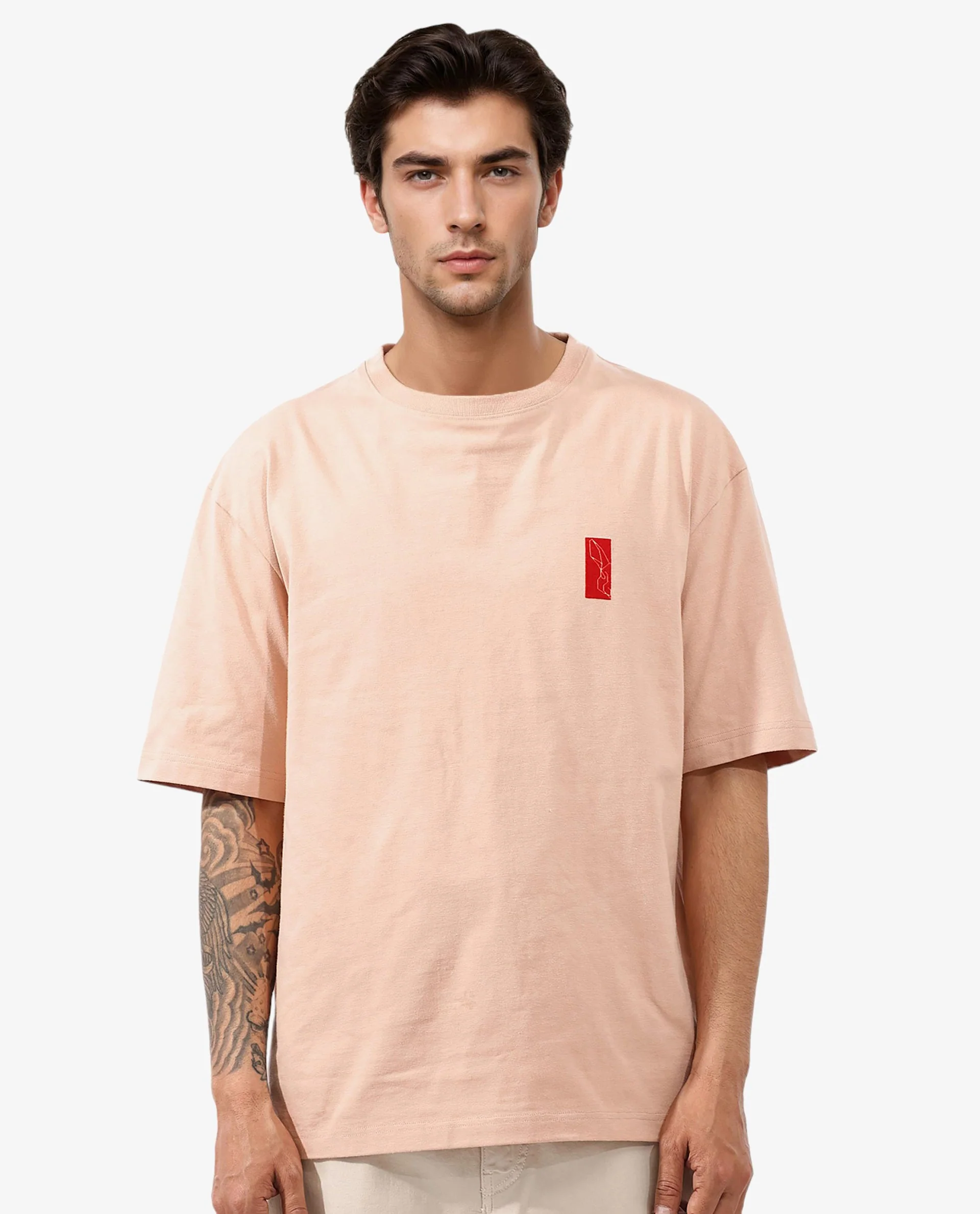 Rare Rabbit Articale Mens Vern Light Orange Cotton Polyester Fabric Short Sleeve Crew Neck Oversized Fit Printed T-Shirt - Image 2