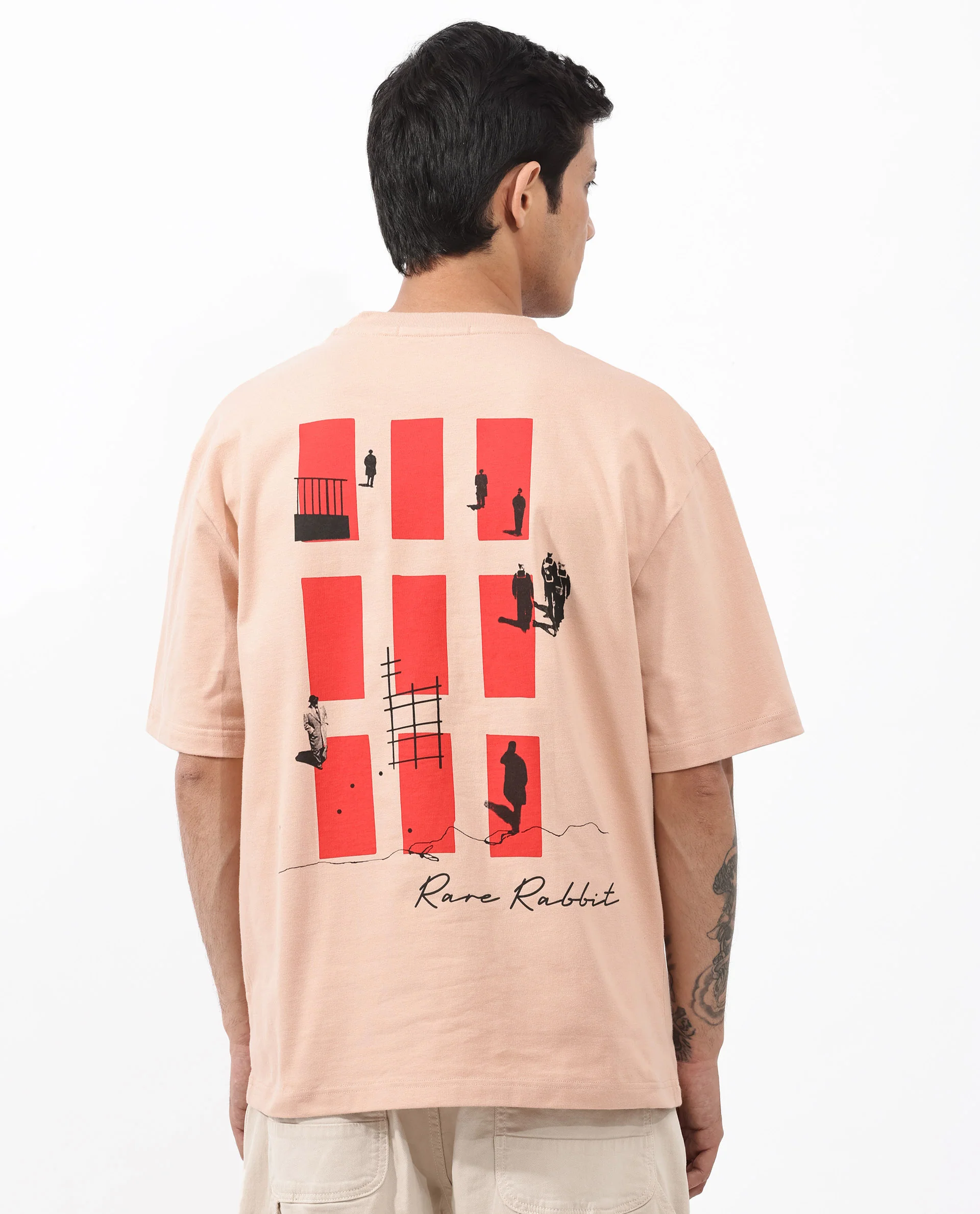 Rare Rabbit Articale Mens Vern Light Orange Cotton Polyester Fabric Short Sleeve Crew Neck Oversized Fit Printed T-Shirt - Image 3