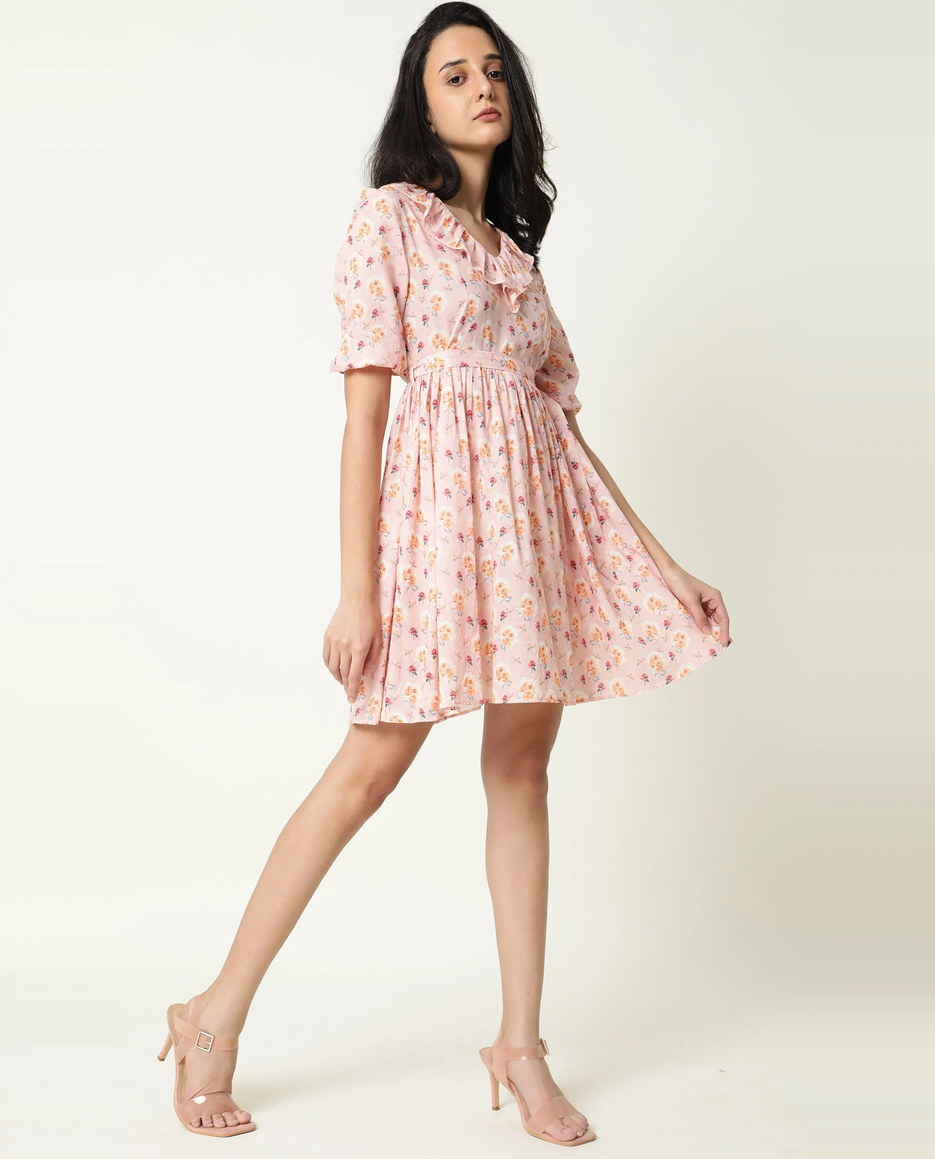Rareism Women's Verna Pink Cotton V-Neck Floral Print Balloon Sleeve Knee Length Regular Fit Dress - Image 2