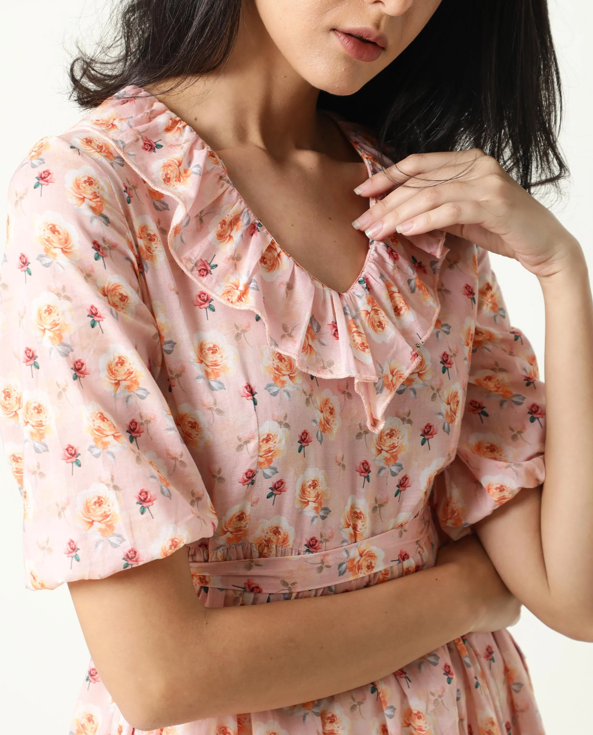 Rareism Women's Verna Pink Cotton V-Neck Floral Print Balloon Sleeve Knee Length Regular Fit Dress - Image 3