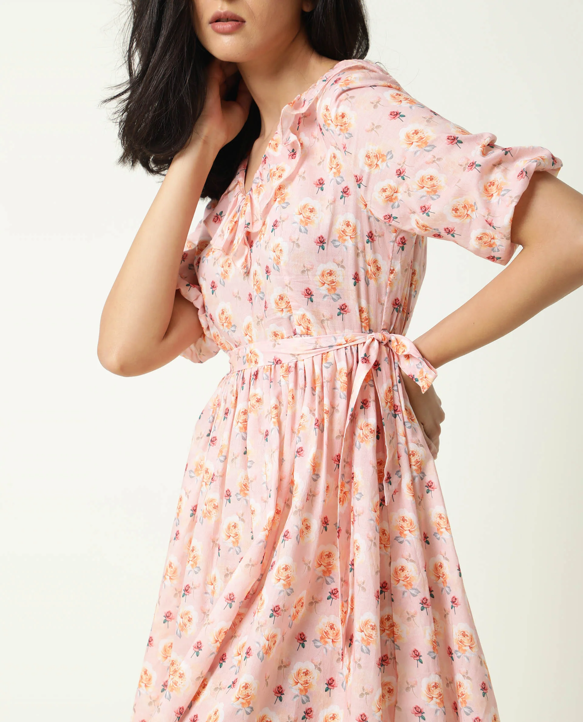 Rareism Women's Verna Pink Cotton V-Neck Floral Print Balloon Sleeve Knee Length Regular Fit Dress - Image 5